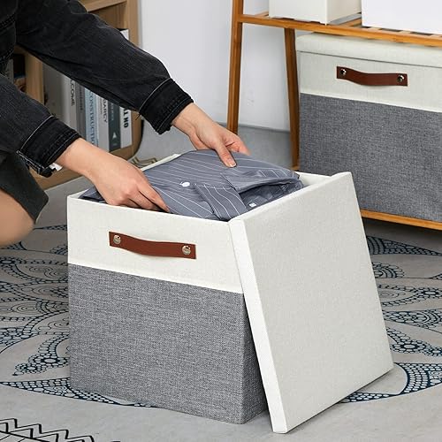 Miniatura 4 de Temary Contenedores de almacenamiento en forma de cubo con tapas para organizar la ropa, paquete de 2 cajas de almacenamiento plegables con asas,
