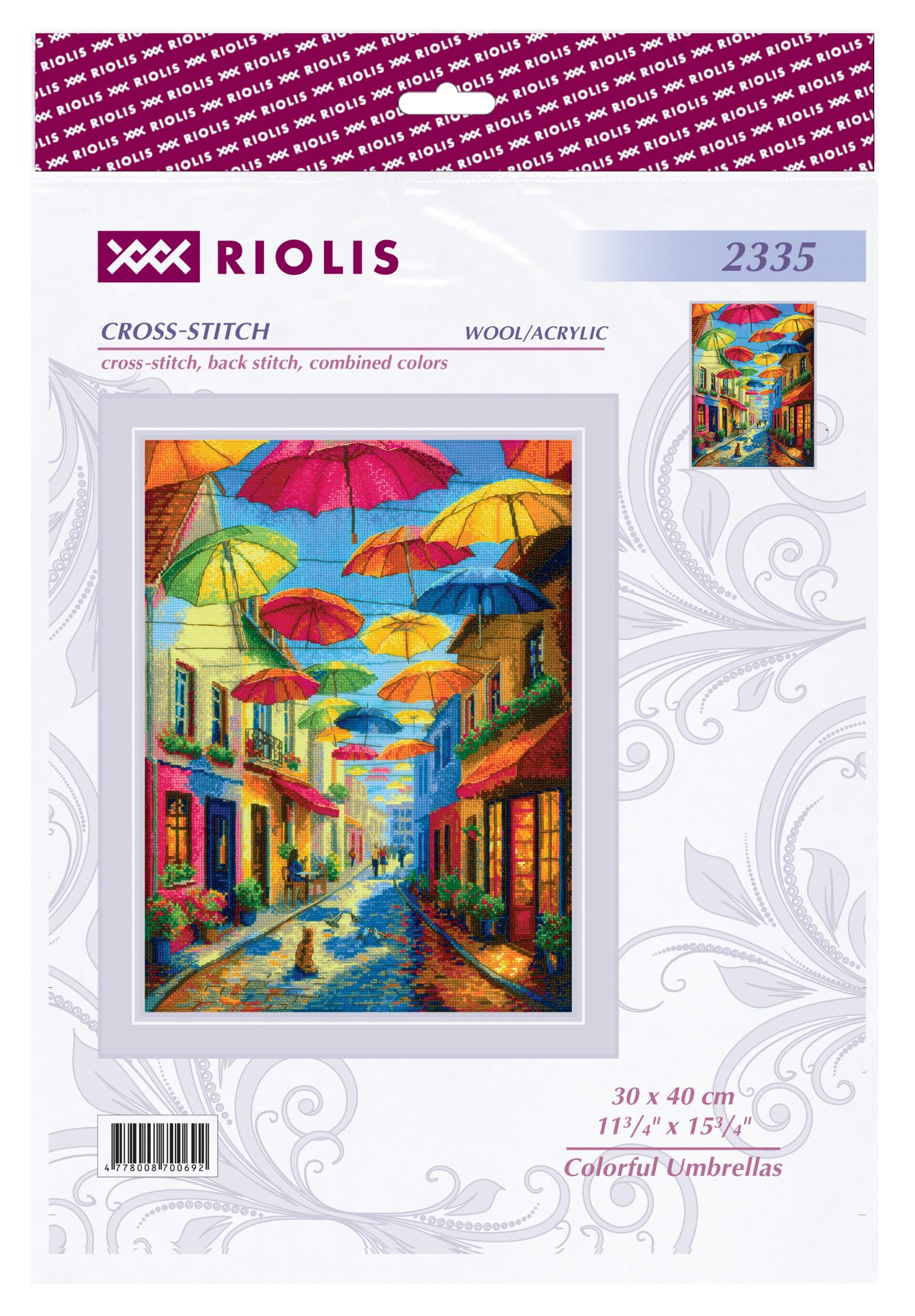 RIOLIS Colorful Umbrellas 2335 - Kit de punto de cruz contado, diseño colorido de escena callejera, kit de bordado de 11.75 x 15.75 pulgadas para adultos, kit de manualidades de costura para