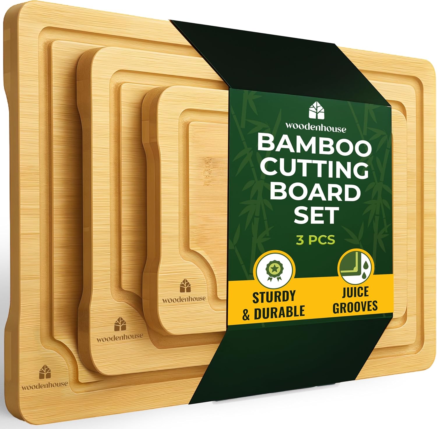 Bamboo Cutting Board Set of 3 - Thick & Durable Wood Cutting Boards with Deep Juice Grooves & Build-in Handles, Large Surface, Easy to Clean  for Meat, Vegetables and Fruits