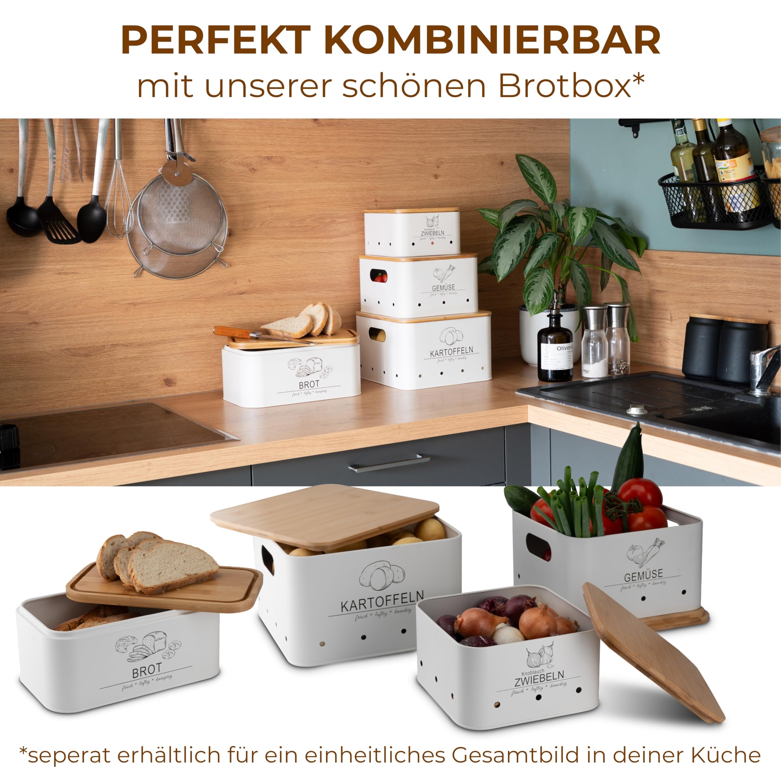Kartoffel Aufbewahrungsbox Küche – 3er Set – Gemüse länger frisch – Vorratsbehälter für Kartoffel, Zwiebel & Gemüse – stapelbare Aufbewahrungsboxen mit Bambusdeckel – modern Weiß – MNKsolution