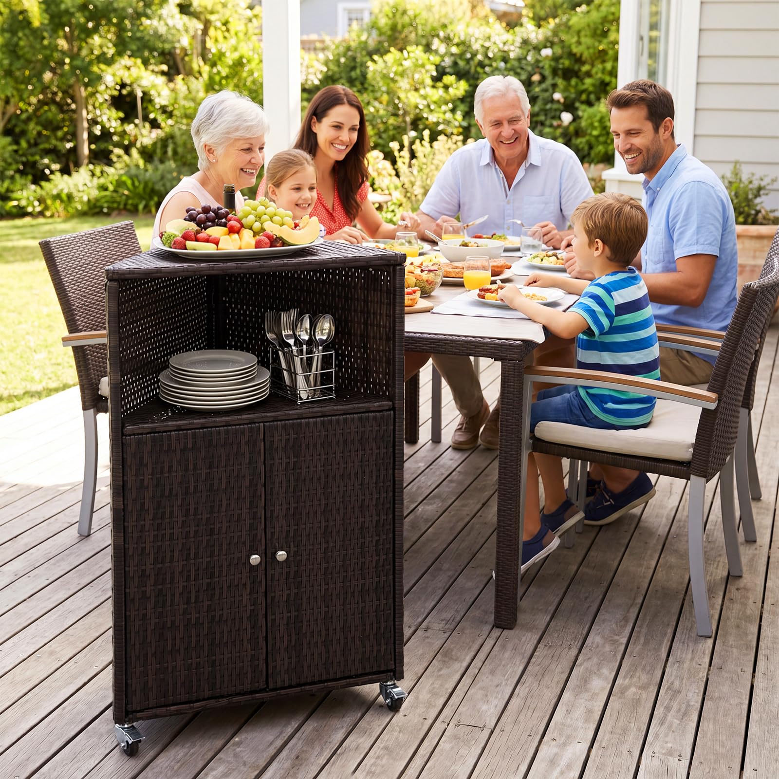 COSTWAY Gartenschrank Rattan Ecke, Terrassenschrank mit Rollen, offenem Fach und Doppeltür, Outdoor Aufbewahrungsschrank, Eckschrank für Garten, Terrasse, Balkon, 66 x 47 x 111 cm