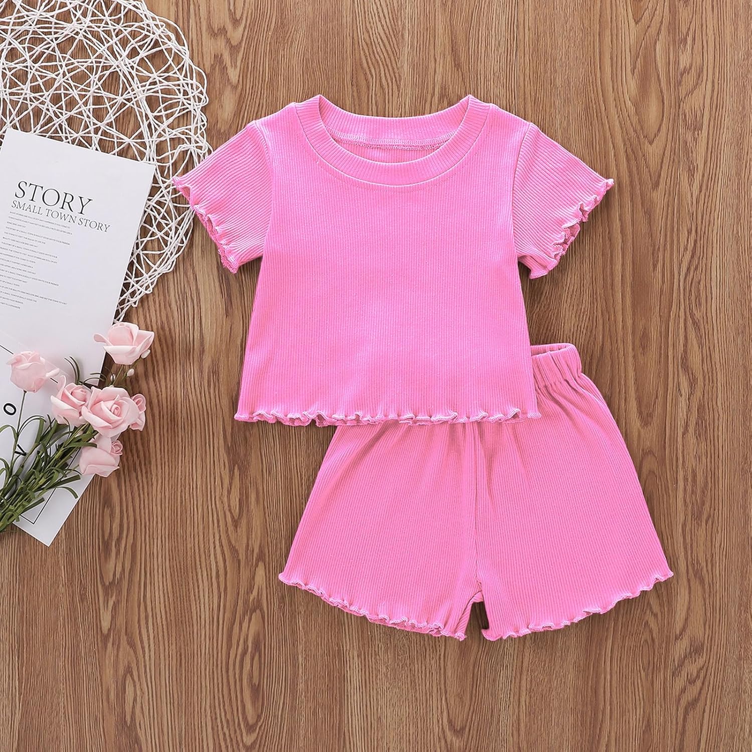 Toddler Baby Girl Summer Clothes Ribbed Knit Cotton Cute Summer Outfits Short Sleeves 2 Pieces Shorts Set 12M - 5T