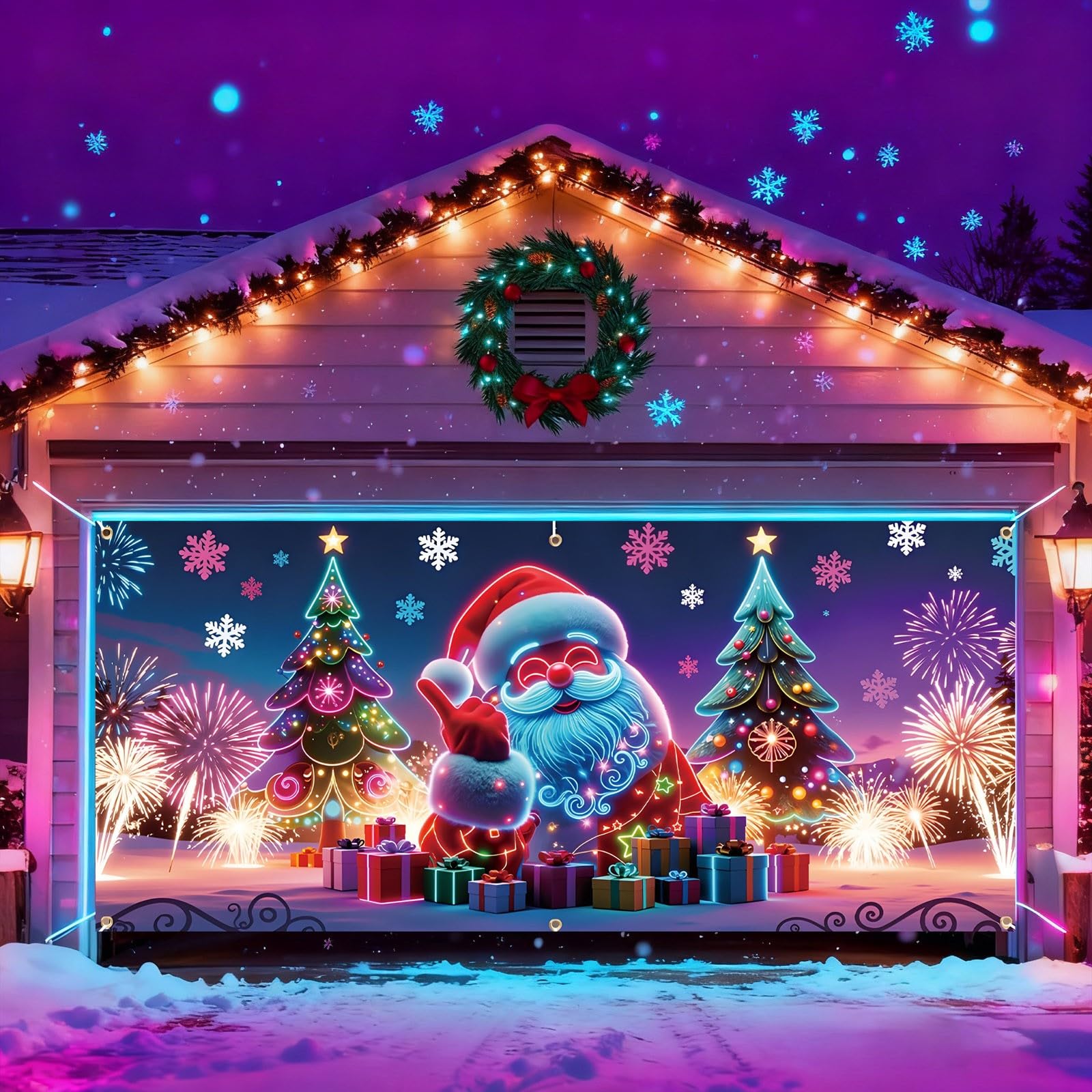 Bandera fluorescente para puerta de garaje, festivas, festivas, para fiestas, 157 x 71 pulgadas, fondo de fotografía de Papá Noel 108