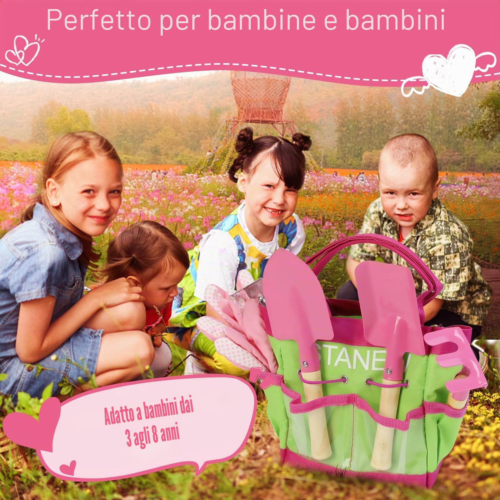 Stanew Set di Attrezzi da Giardino per Bambini, Set Giardino Bambini, Kit Giardinaggio Bambini (Rosa) Include Secchio, Grembiule,Guanti da Giardino per Bambini,Paletta Giardinaggio,Borsa da Giardino
