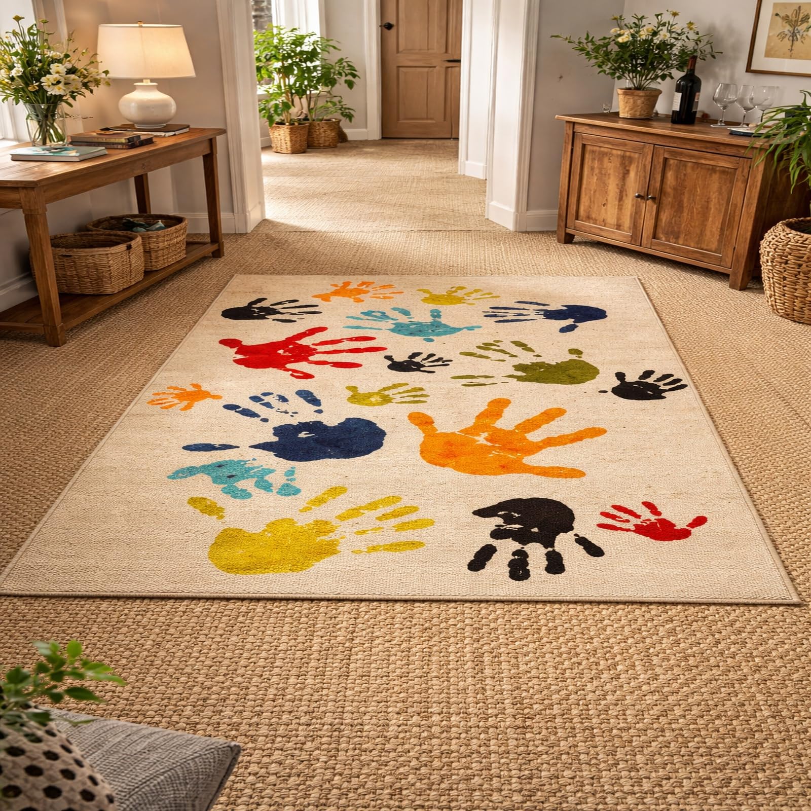 Alfombra de salón lavable de pelo corto colorido Rururug 140x160 cm