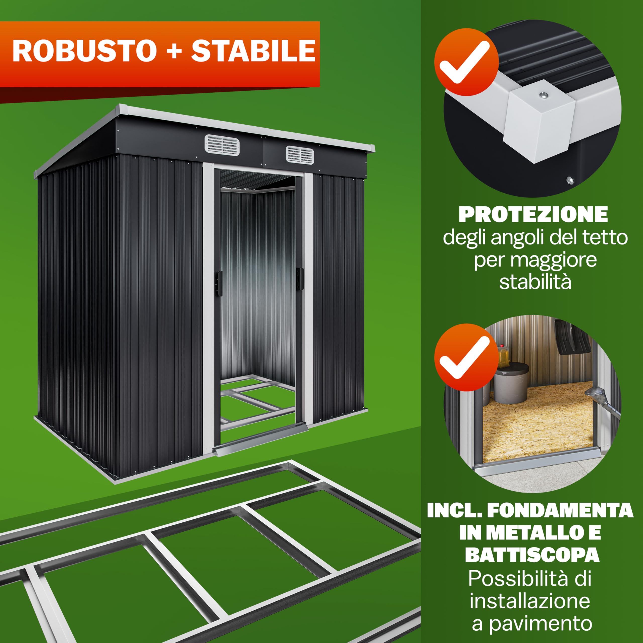 GARDEBRUK® Casetta da Giardino Capanno Attrezzi Giardinaggio in Metallo 2m² con Fondamenta 200x125x180cm Porta Scorrevole Casetta per Attrezzi verde Capanna da Esterno 4m³