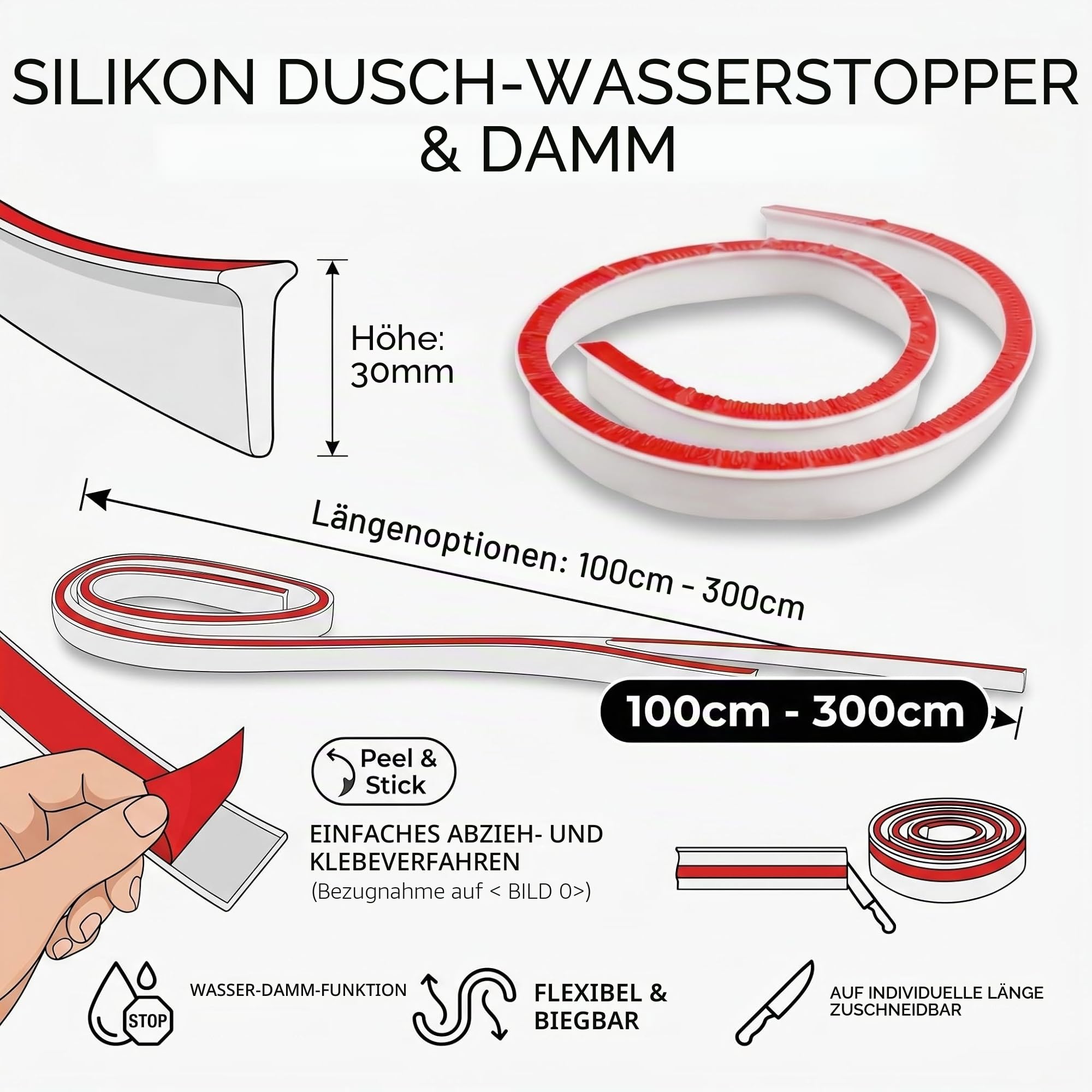 RANRAO 100–300 cm Silikon-Duschschwelle, Wassersperre, Waschbeckendichtungsstreifen, Badewannenrand-Dichtungsstreifen für Badewanne, Arbeitsplatte, Küche (250 cm)