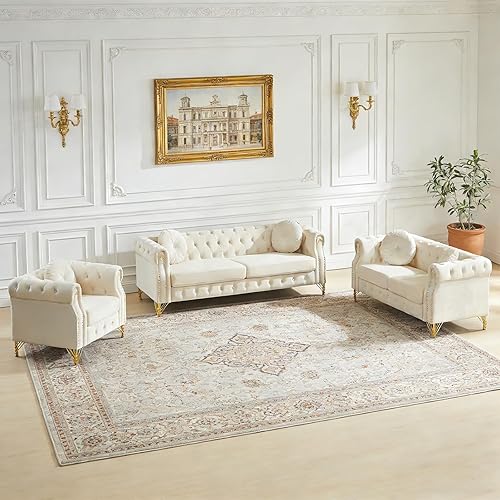 Miniatura 19 de SLEERWAY Cómodo sofá individual con brazos enrollados y almohadas, silla de terciopelo moderna de mediados de siglo con ribete dorado y patas, Beige