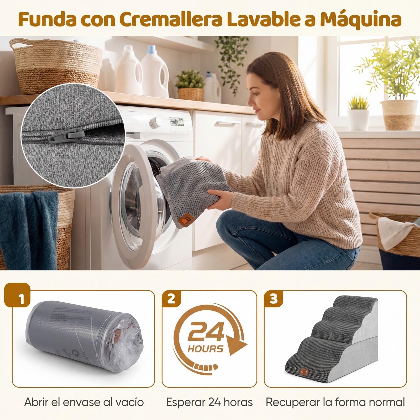 COSTWAY Escalera para Perros 4 Peldaños de Espuma, Rampas Rerros Transformables de Alta Densidad con Base Antideslizante, Funda Lavable, Rodillo Quita Pelusas, para Sofás y Camas (85 x 40,5 x 56 cm)