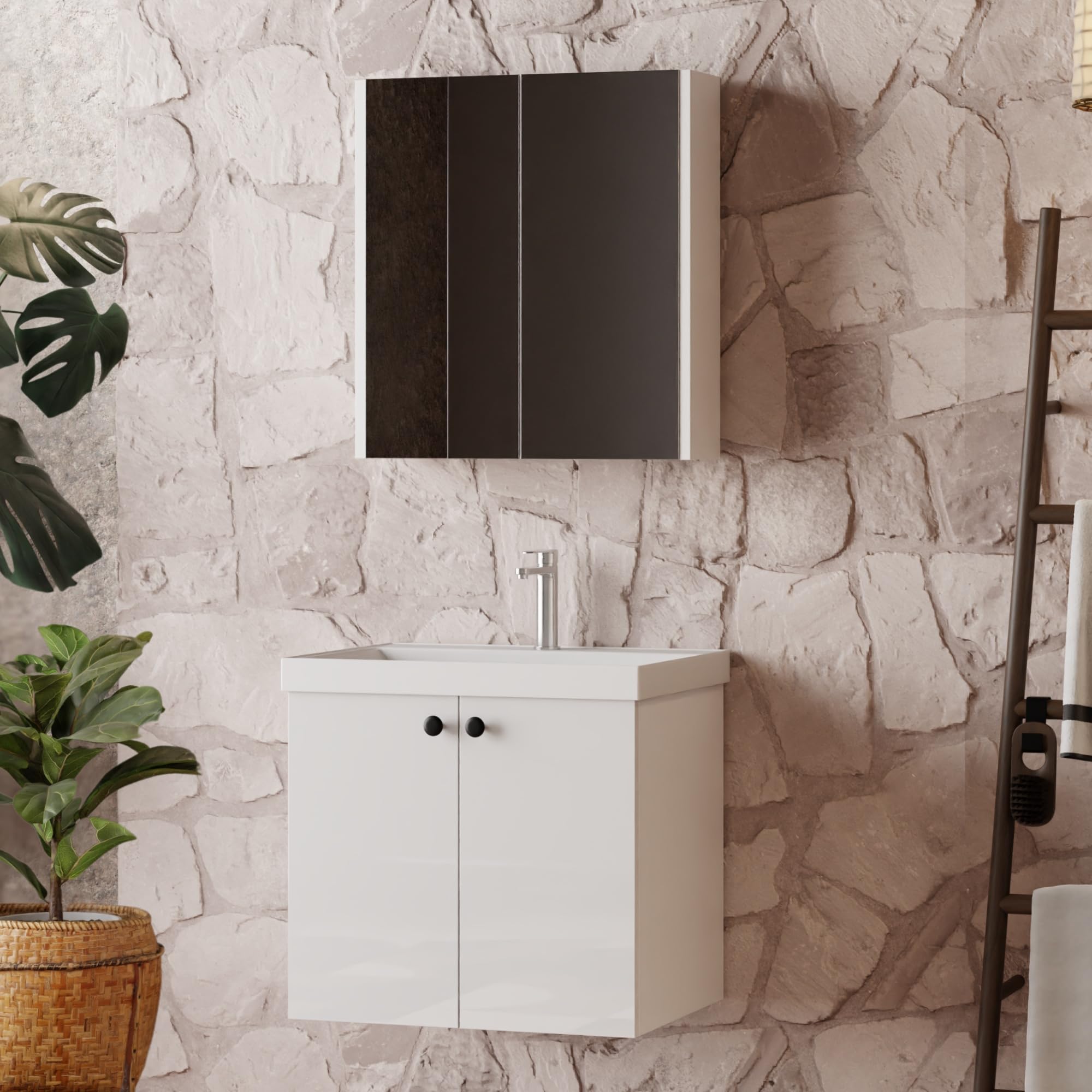 Badmöbel Set Weiß | Badezimmermöbel 3 teilig | Waschtisch mit Unterschrank | Waschbecken | Spiegelschrank | Waschbeckenunterschrank | Badschränke | Komplettset (Mimoza 60)