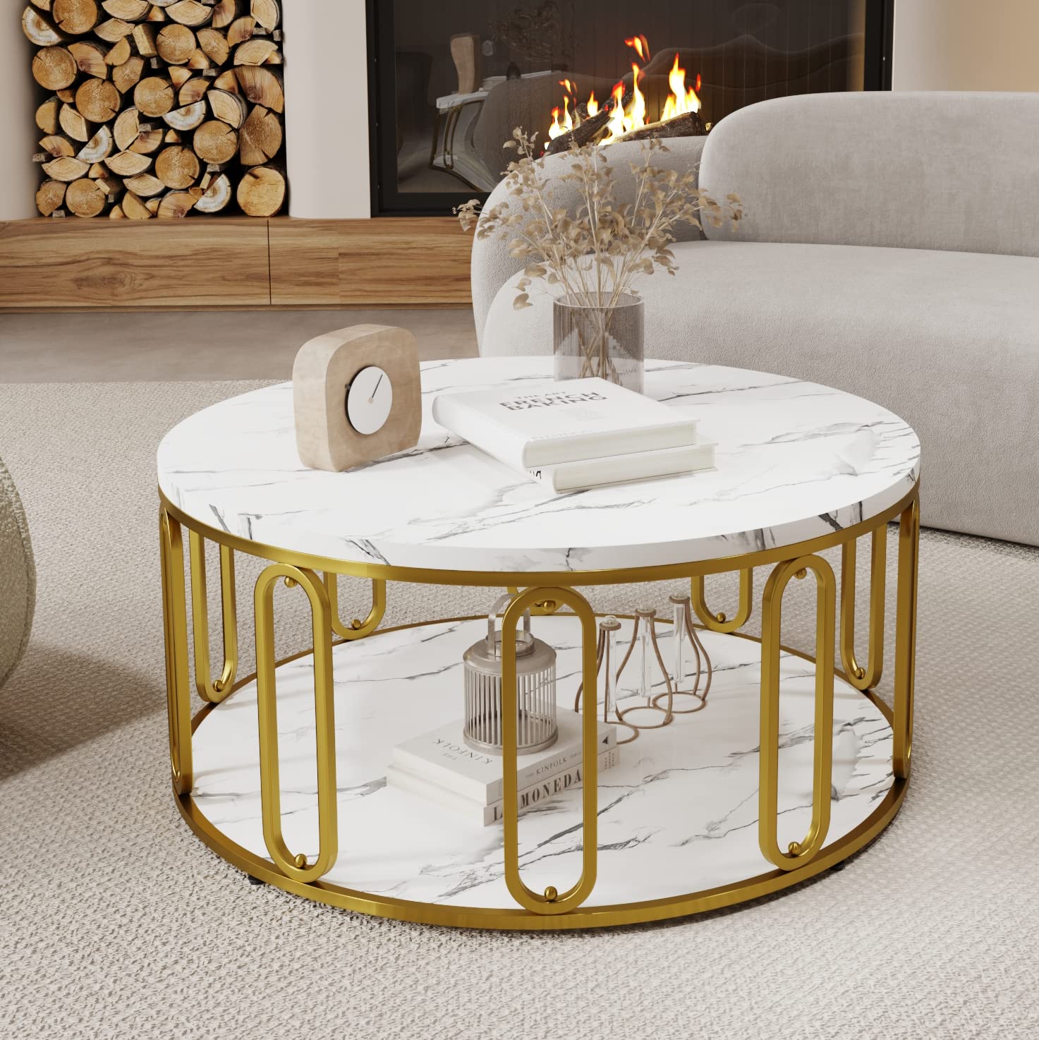 Amazon.com: Easyzon Round Coffee Table, Wooden Marble Pattern