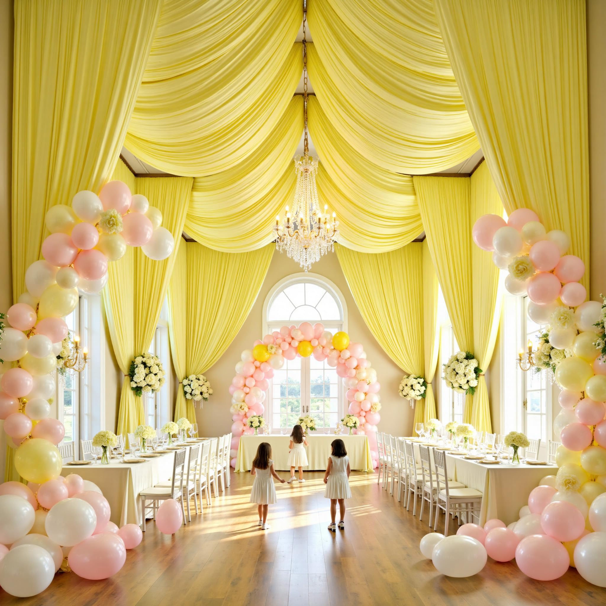 Photo 1 of 10 Panels 5ft(W) x 20ft(H) Light Yellow Ceiling Drapes for Wedding Parties – 20 FT Extra Long Thick Polyester Wrinkle-Free Drapery Tent Decor Decorations for Birthday Party Ceremony Stage Swag
