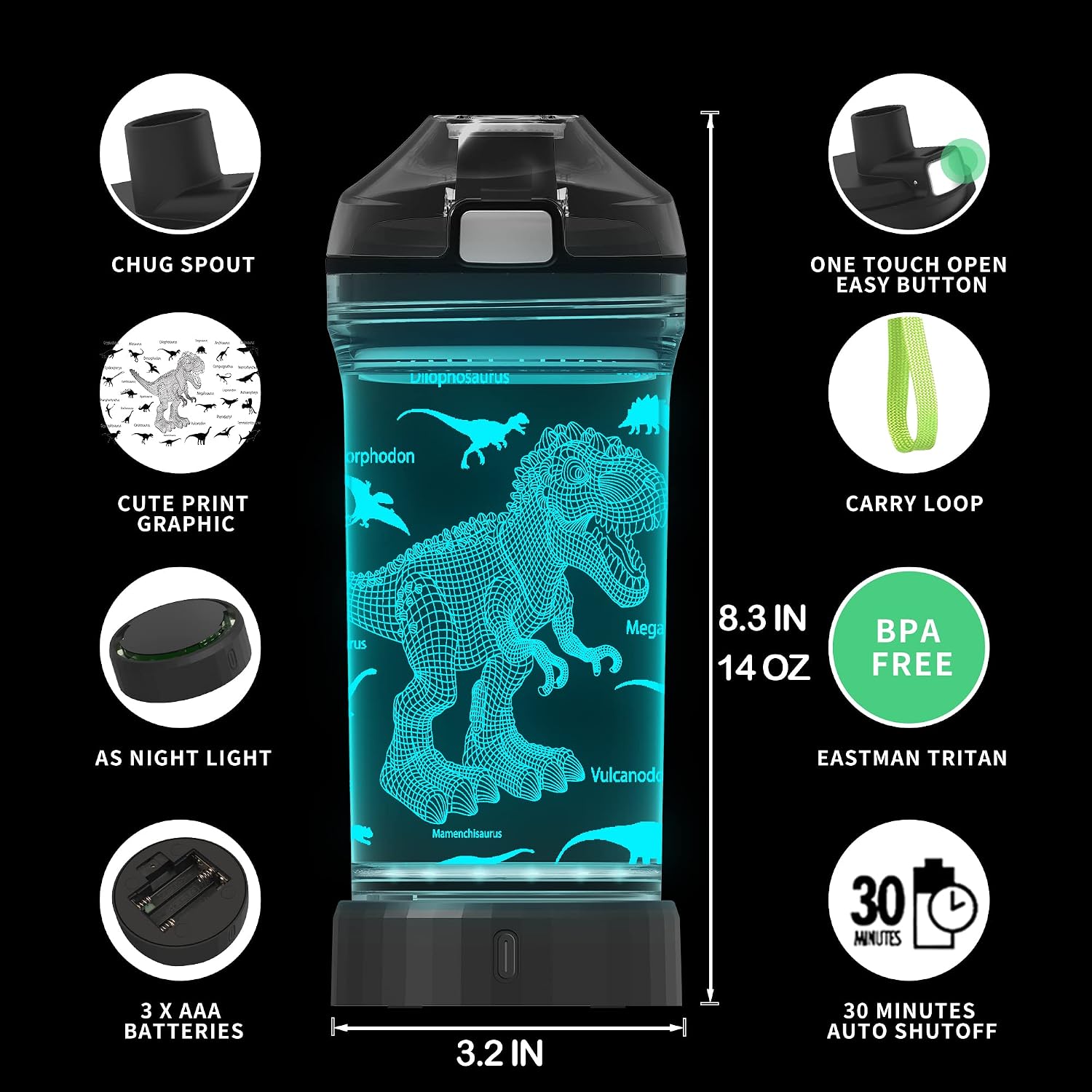 Anywin Dinosaur Bottle Gifts, Dinosaur Glowing Water Bottles, Light Up Dinosaur Led Night Travel Cups -Tritan BPA Free & Easy Clean & Carry Handle, Gifts for Back to School, Birthday, Xmas