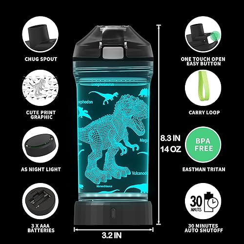 Miniatura 5 de Regalos de botellas de dinosaurio, botellas de agua brillantes de dinosaurio, tazas de viaje nocturnas con luces LED de dinosaurio, Tritan sin BPA