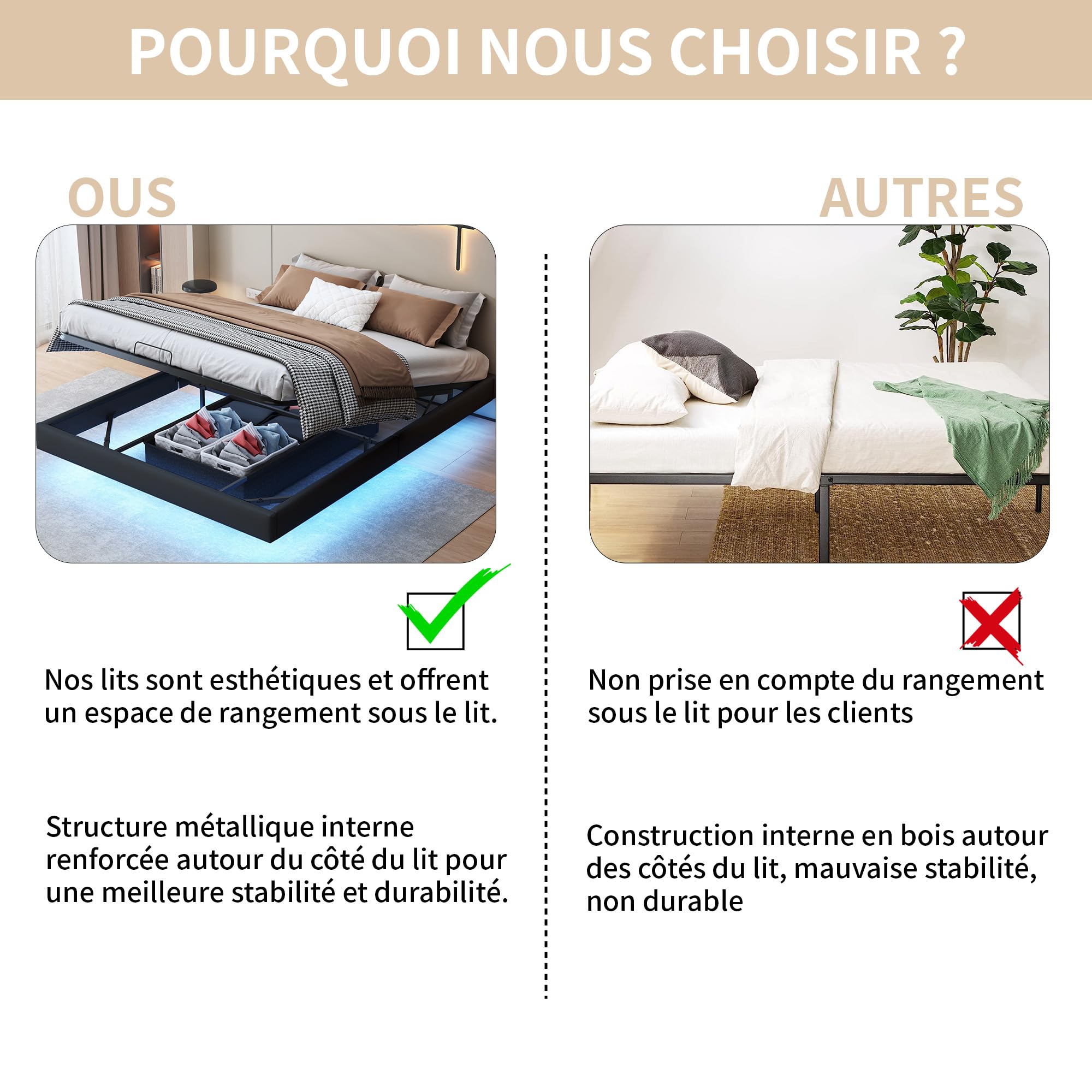 DULRLLY Struttura letto galleggiante king size con luci a LED, struttura letto a piattaforma senza testiera, stoccaggio idraulico, senza bisogno di molle, fondazione materasso, PU beige (nero