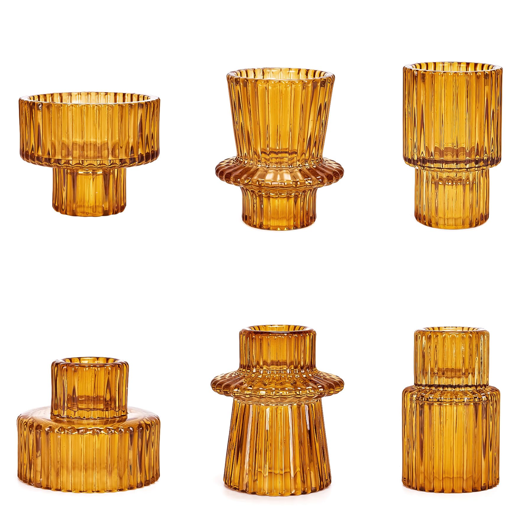 Toptime Candle Holders Set of 6, Glass Candlestick Holders Pinstripe Pattern, Reversible Tealight & Taper Candle Holders