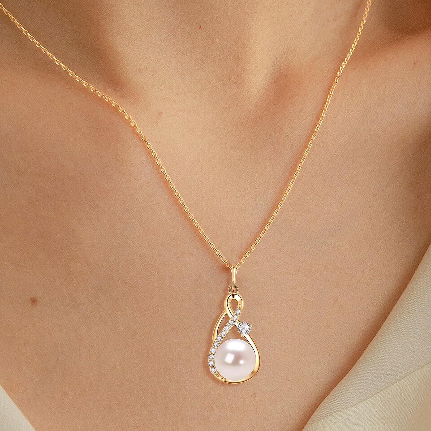 DENGGGUANG Freshwater Pearl Pendant Necklaces for Women, Sterling Silver Infinity Single Pearl Necklace with Shiny Moissanite Wedding Jewelry Gift for Bride Bridesmaid - Image 4