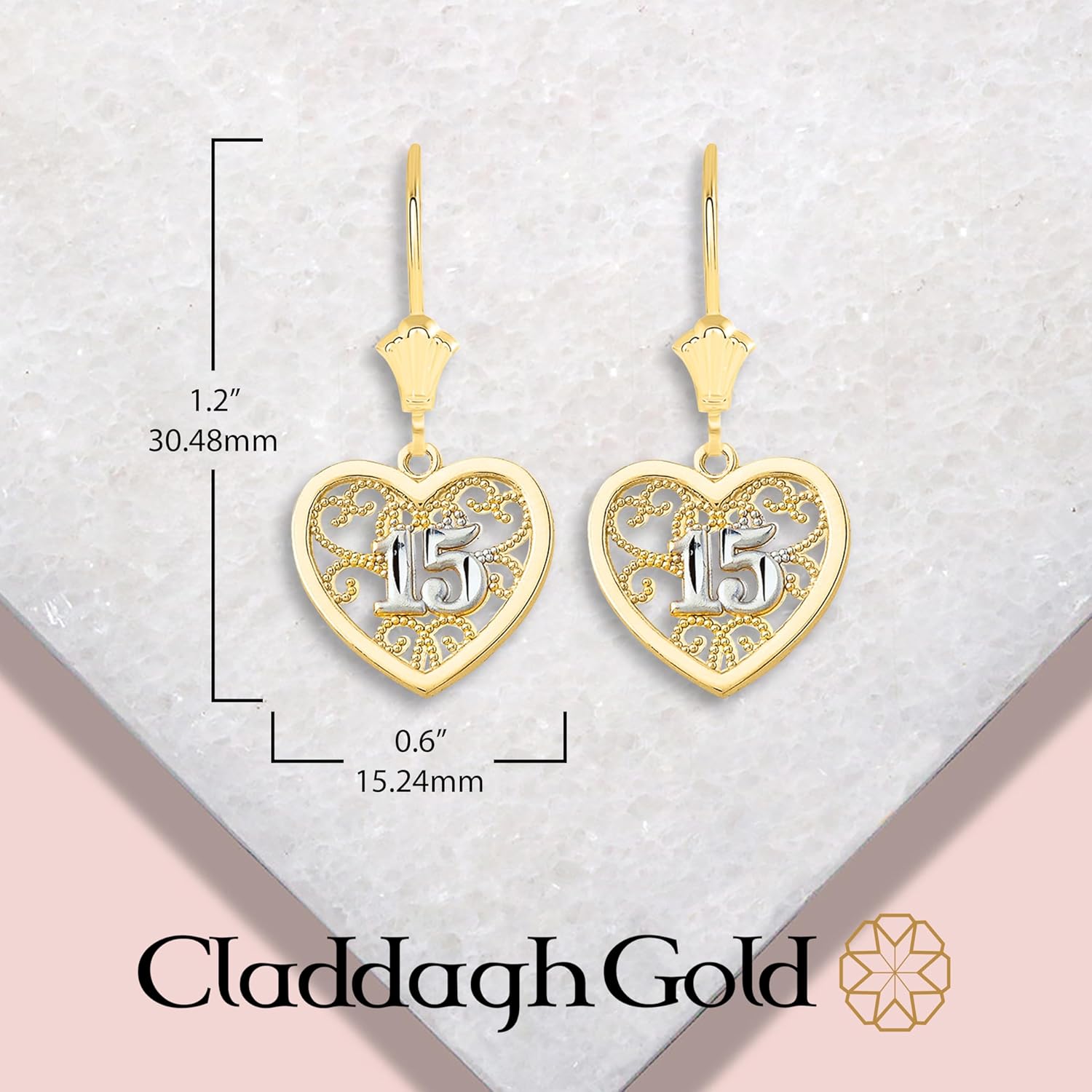 Womens Yellow Gold Filigree Heart Sweet 15 Quinceanera Leverback Earrings, 1.20"