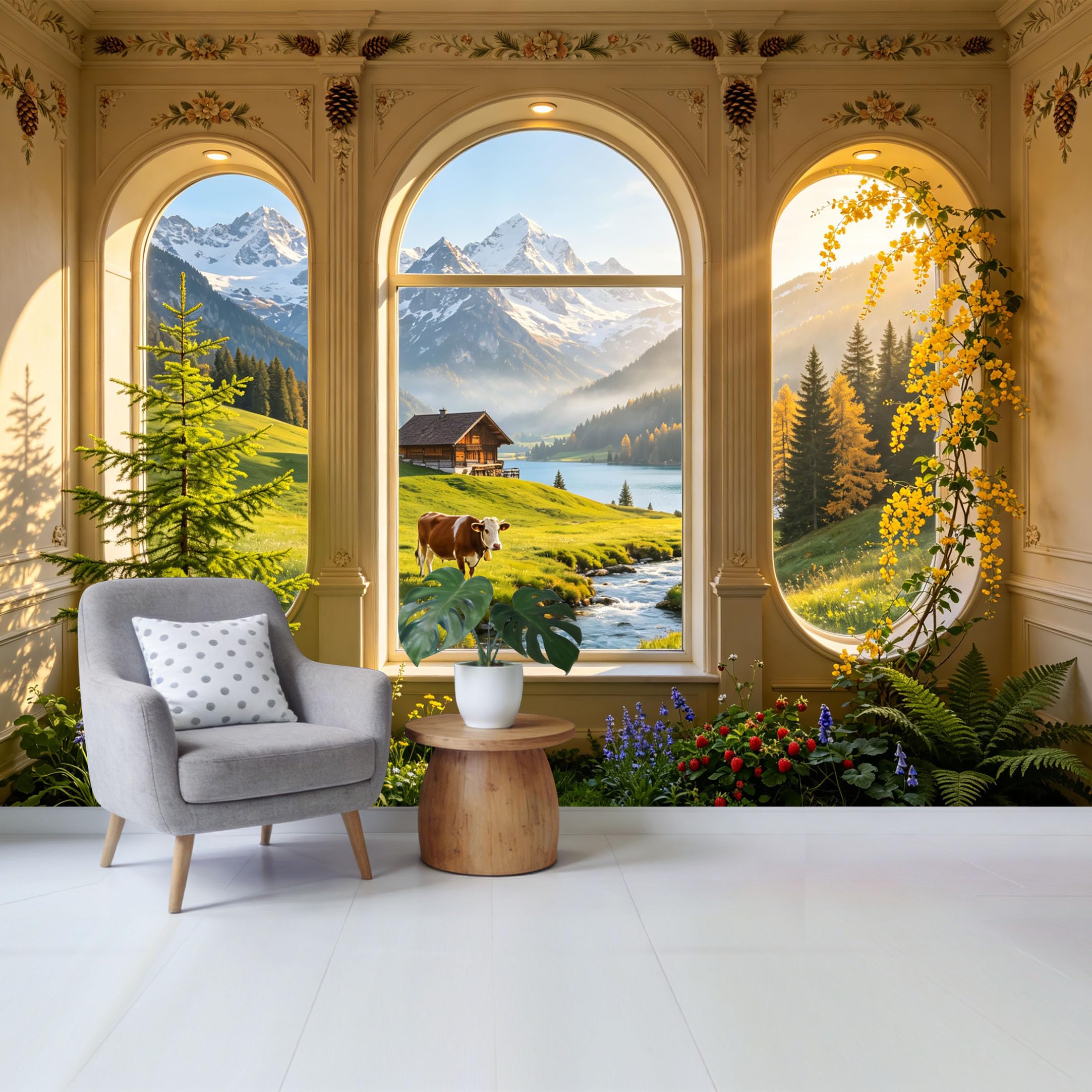 Removable Self Adhesive Fabric Mural， Alpine Meadow Mountain Lake Custom Size Wall Covering， UV Protected Waterproof Washable Wall Decor for Living Room Bedroom Bathroom