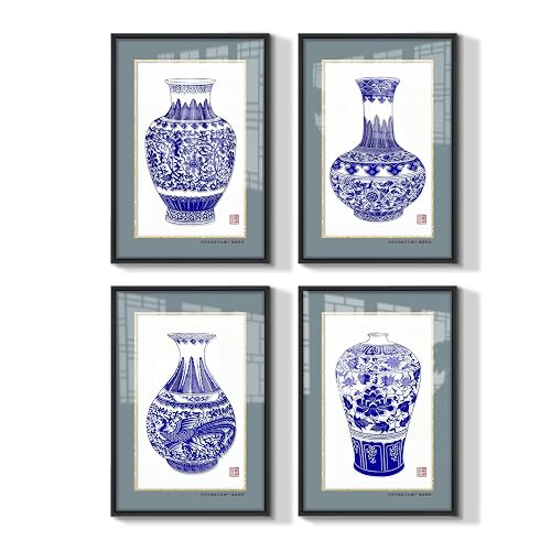 crmotu Chinoiserie Wall Art, Chinoiserie Paper-cutting Wall Decor Set of 4, Oriental Blue and White Porcelain Vase Framed Asian Art for Living Room Hallway Hotel Antique Wall Decor, 17X25 Inch - 25"L x 17"W - Blue and White Porcelain