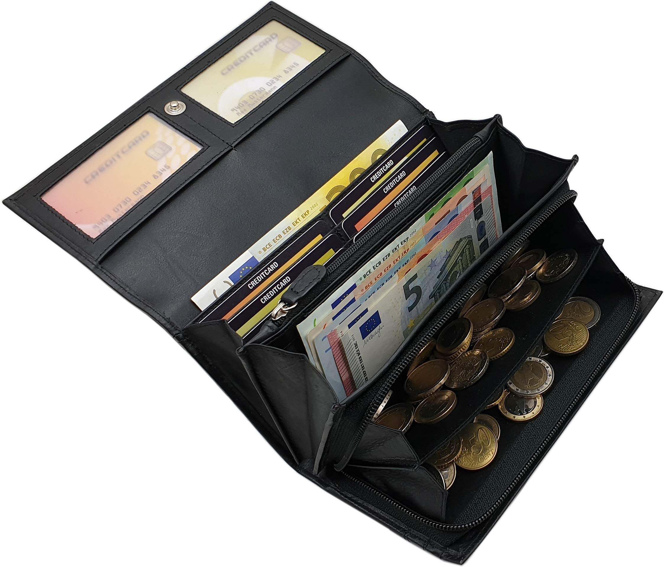 Cuero de vaca napa cartera grande para mujer con bloqueo RFID y NFC (Negro)