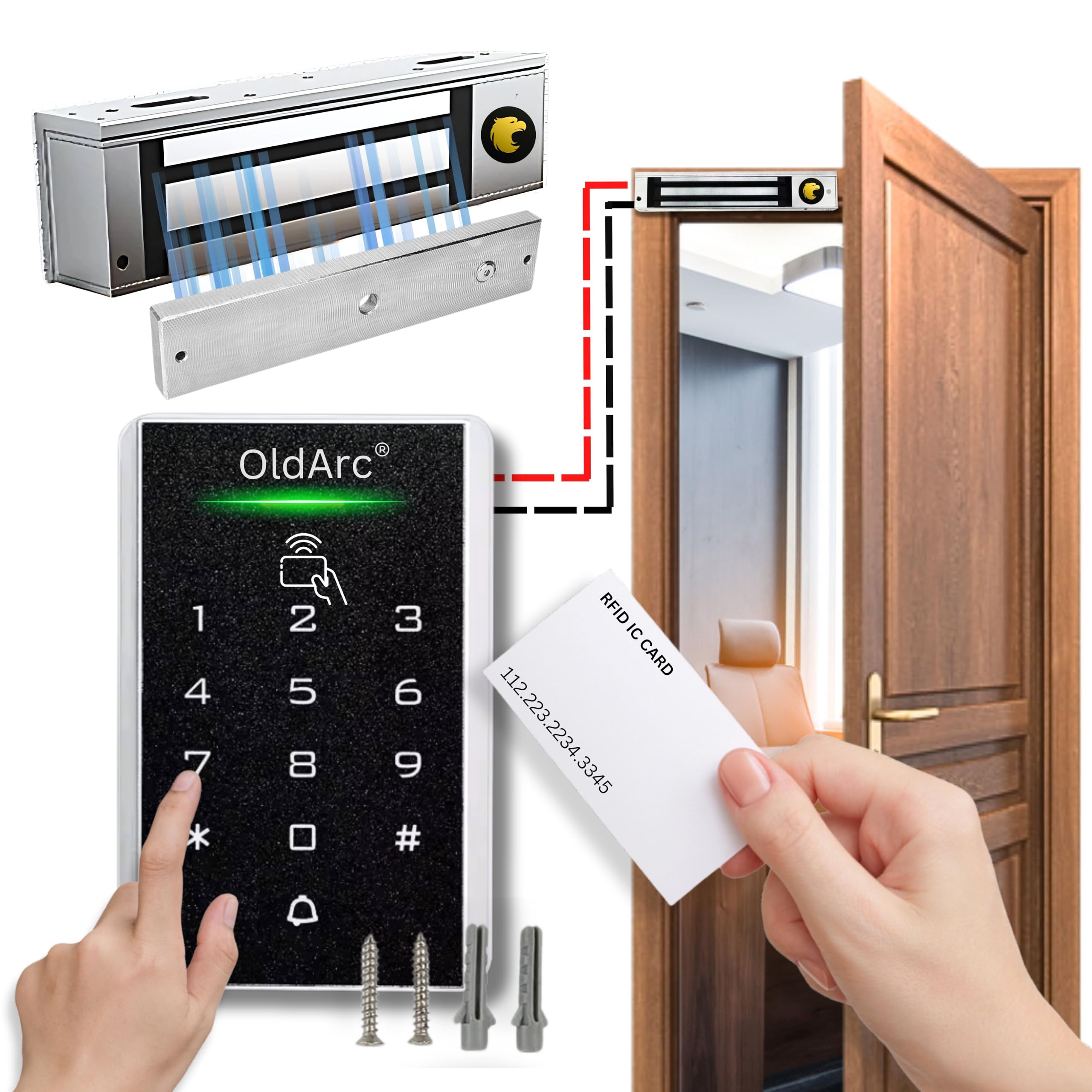 OldArc Electromagnetic Door Lock kit | Pin + RFID Card Door Access Control System + EM Lock 600lbs + KM-35 Door Keypad + Power Supply + Exit Switch + Biometric RFID Card Office Electromagnetic Lock