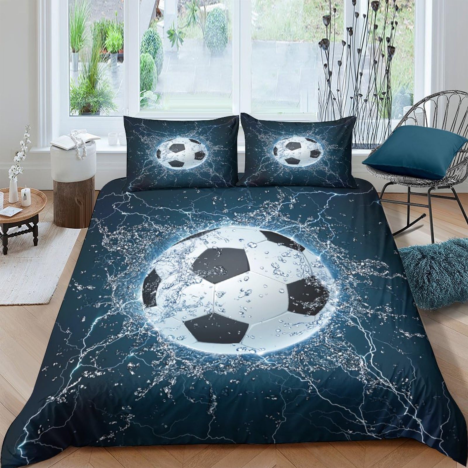 Ctjqhvkz Style-2 3D Printed Water Splash Soccer Fitted Sheet Microfiber Soft Bed Cover Football Pattern For Bedroom Decor Single（135X200cm）