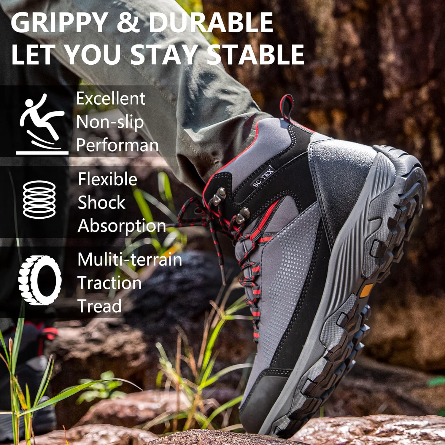 Miniatura 4 de SILENTCARE Men's Hiking Boots Waterproof Non-Slip Mid Ankle Lightweight Outdoor Trekking Backpacking Work Mountaineering Trails Shoes