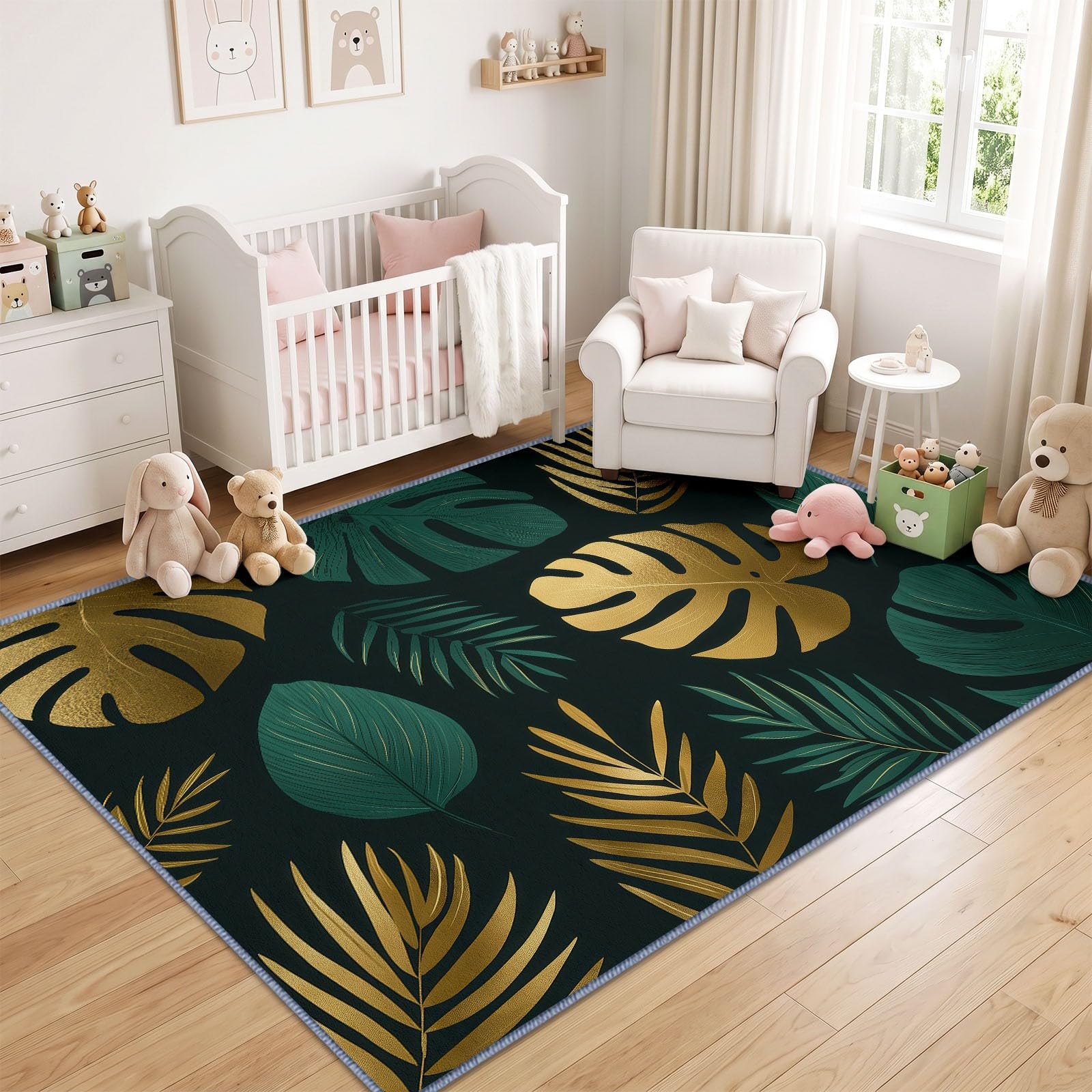Générique Feuille De Palmier Tapis de Salon Lavable 140x200 cm， Tropical Noir Et Or - Antidérapant et Lavable en Machine - Poils Courts - Douce - pour Salon, Chambre ou Bureau