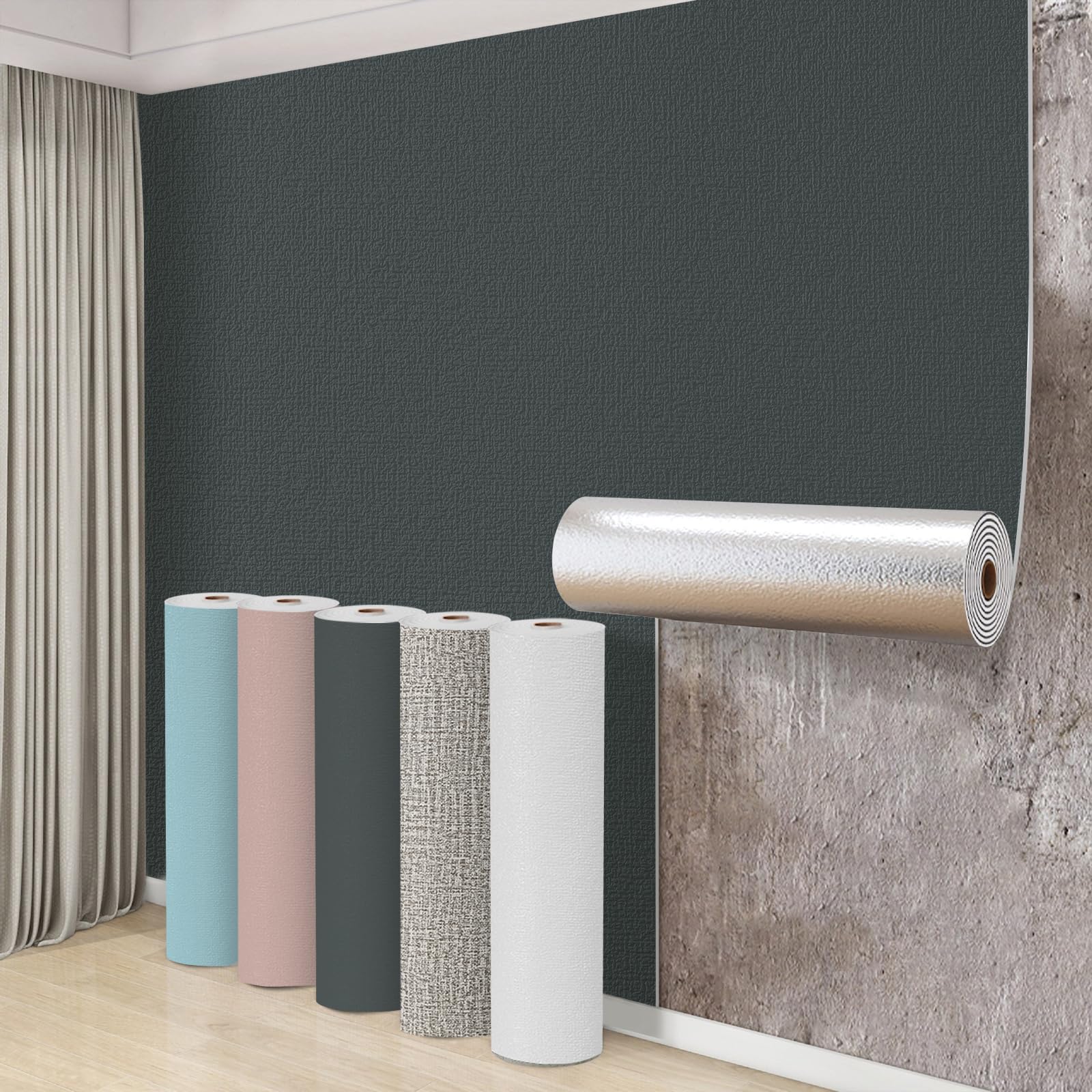 Swehooirt 3 Roll Self Adhesive Thermal Wallpaper 3mm Thick Peel and Stick Wallpaper for Bad Cold Walls Textured Black Grey Insulating Wall Covering Roll Waterproof Damp Proof Ceiling Kitchen — image 1