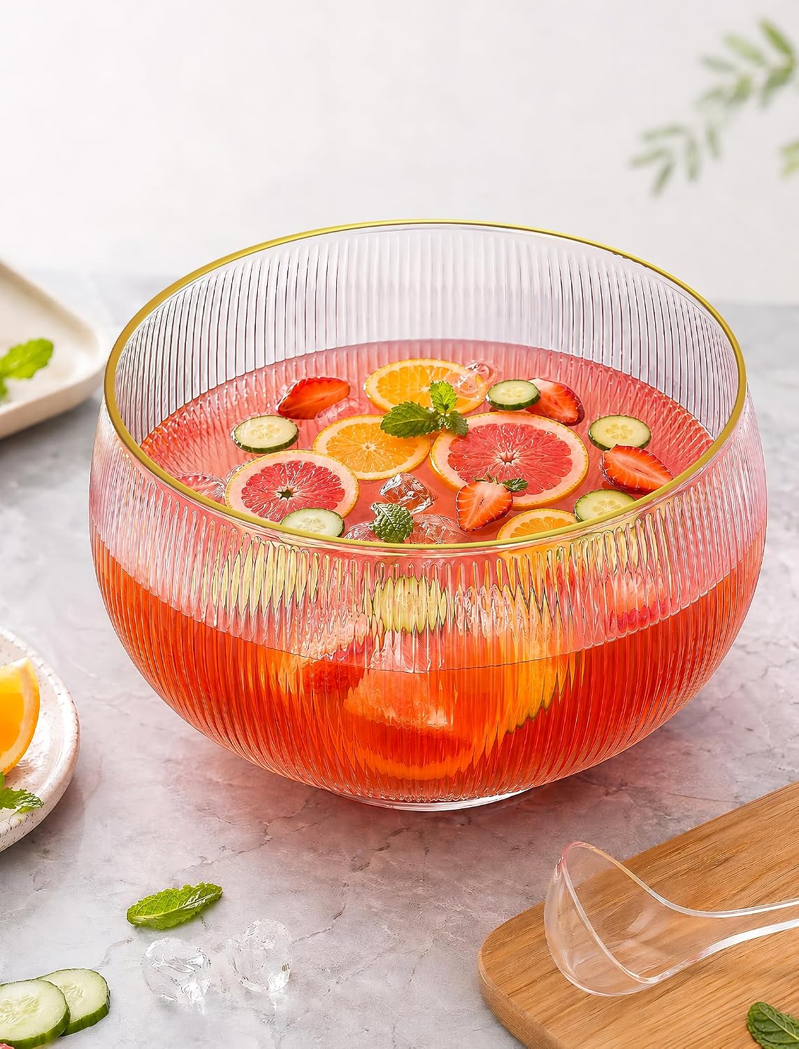 NiHome Glass Punch Bowl Set with Ladle, 2.5 Gal Gold Rim Ribbed for Parties | Borosilicate Crystal Clear, Hand Wash. Large Capacity for Wedding, Birthday, Holiday, Cocktails, Drinks, Salads, Snacks