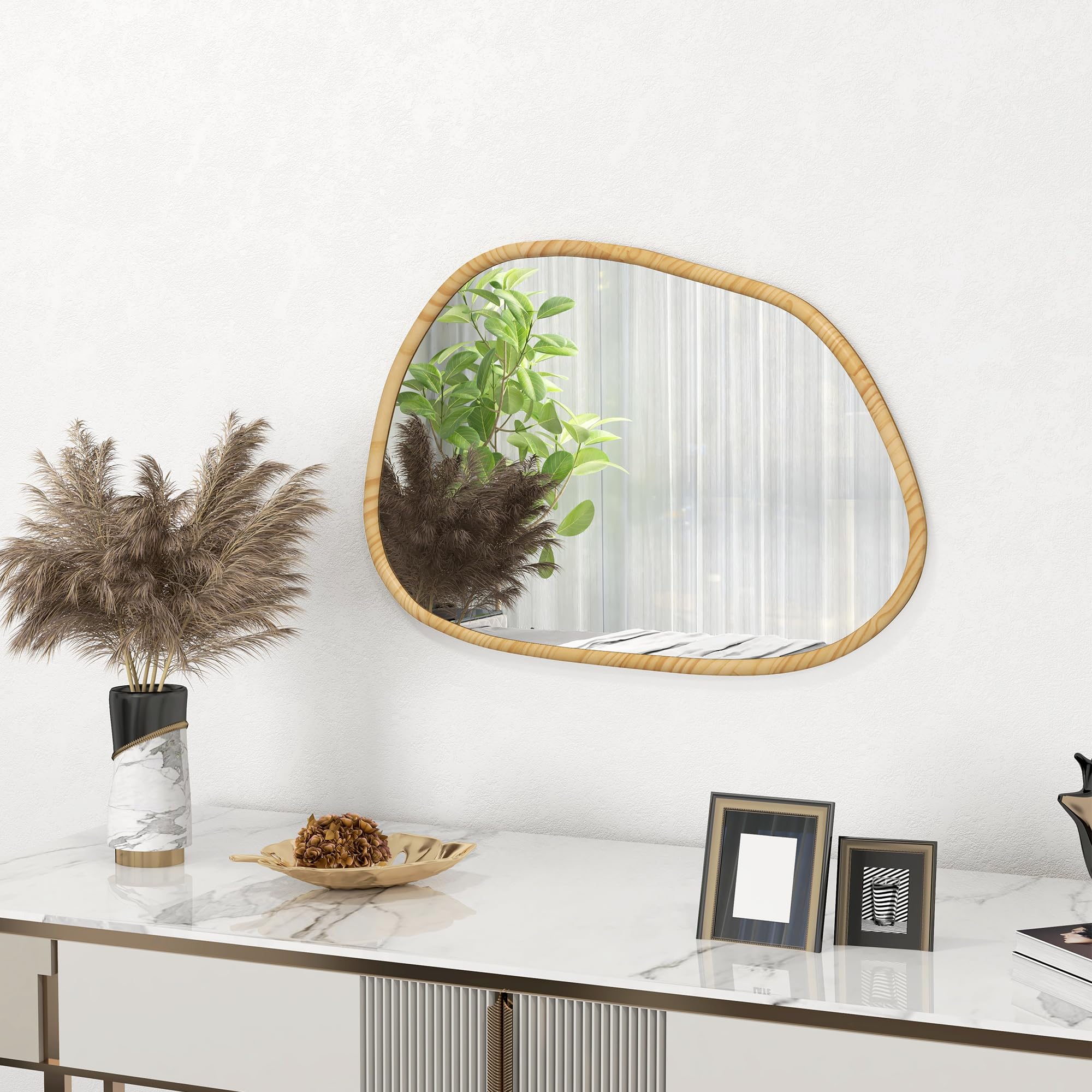 HOMCOM Espejo de Pared Decorativo 70x50 cm Espejo de Baño con Forma Irregular y Marco de Madera para Salón Entrada Pasillo Horizontal o Vertical Natural