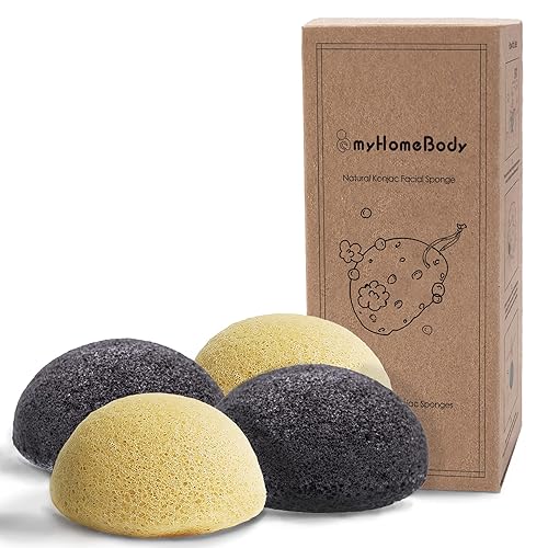 myHomeBody Esponjas faciales naturales Konjac para una limpieza suave y exfoliación facial (2 amarillo cúrcuma, 2 gris carbón)