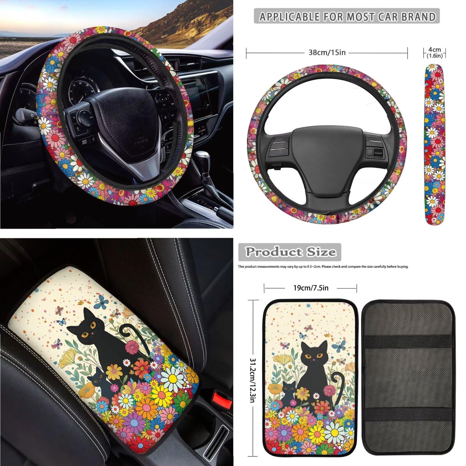 Set completo di coprisedili per auto, 18 pezzi, con stampa di margherite e gatti, include coprisedili per auto, poggiatesta, coprivolante, cintura di sicurezza, cuscinetto per console