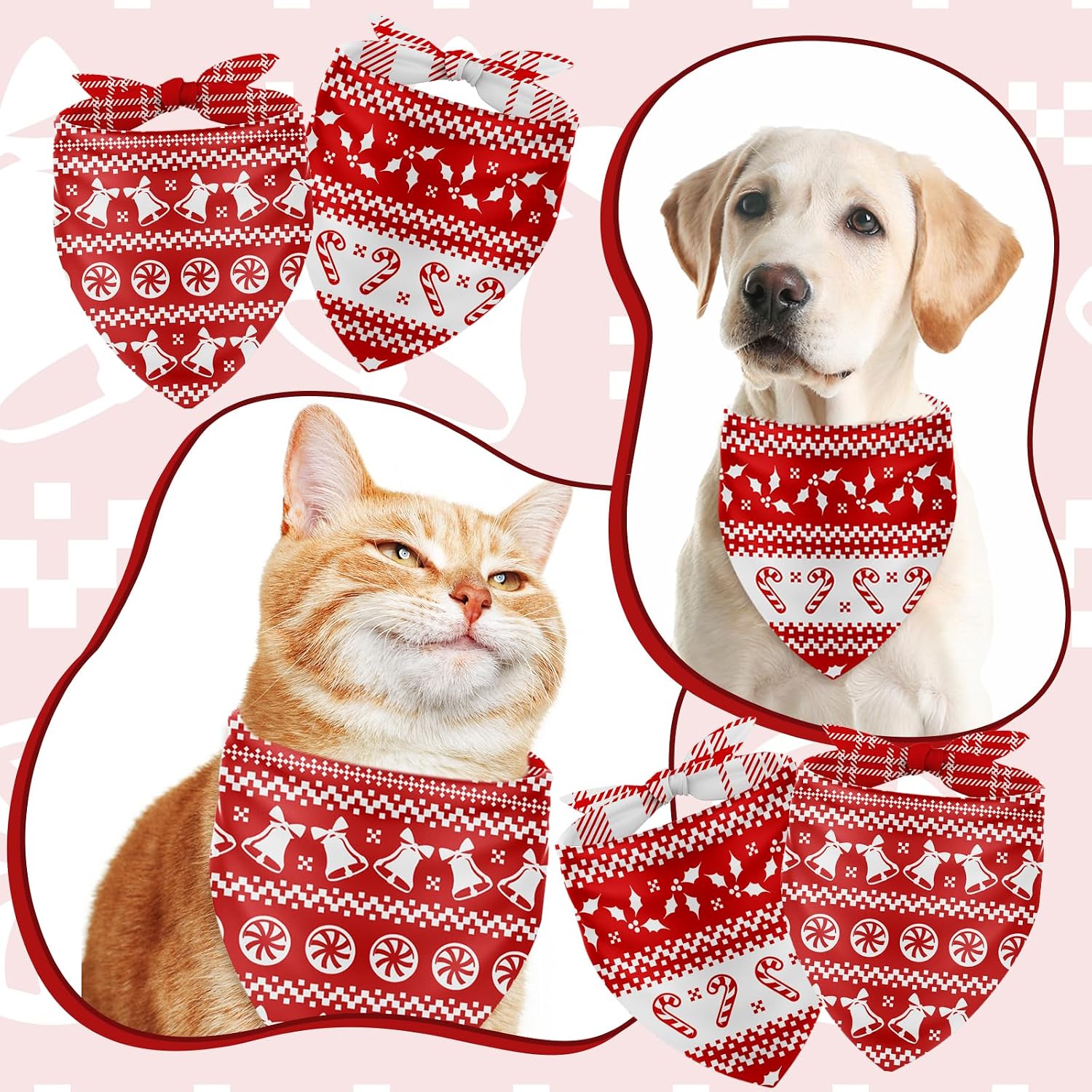 JarThenaAMCS 2Pcs Christmas Dog Bandana Red White Xmas Bell Candy Cane Triangle Pet Scarf Adjustable Double-Sided Pet Neckerchief for Winter Medium Large Dog Cat Costume Accessories image 4