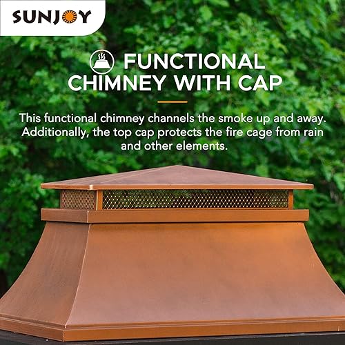 Miniatura 8 de Sunjoy Chimenea al aire libre, chimenea de leña para patio con chimenea de acero, puertas de malla para chispas, póquer de fuego y rejilla