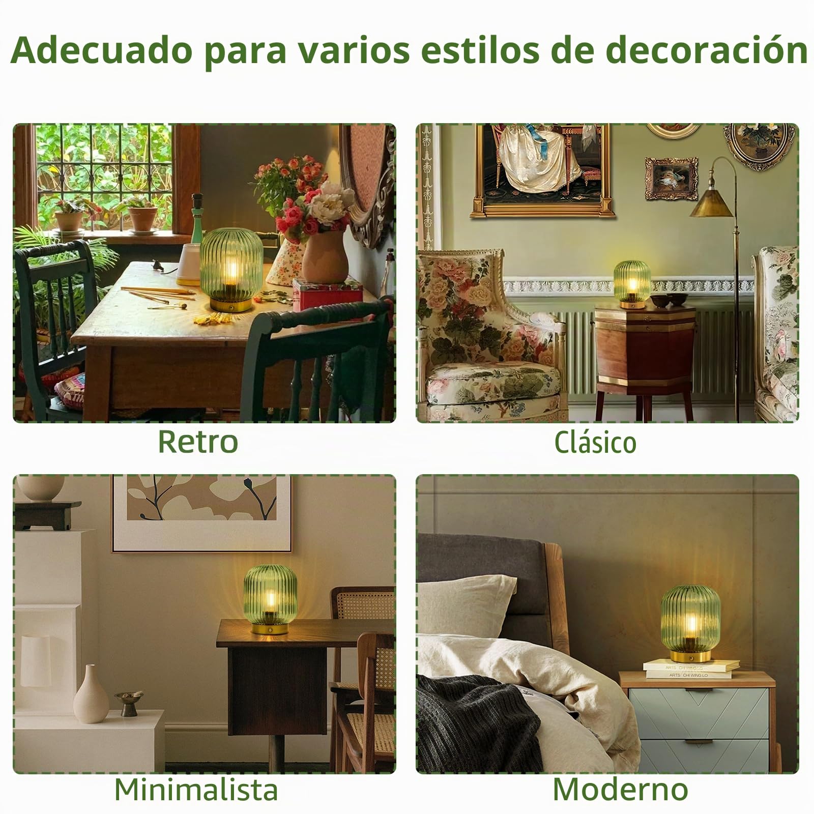 MJ PREMIER Lámpara de mesa recargable inalámbrica con pilas, luz de emergencia para cortes de energía, lámpara de acento de cristal regulable para entrada/escalera/baño/esquina