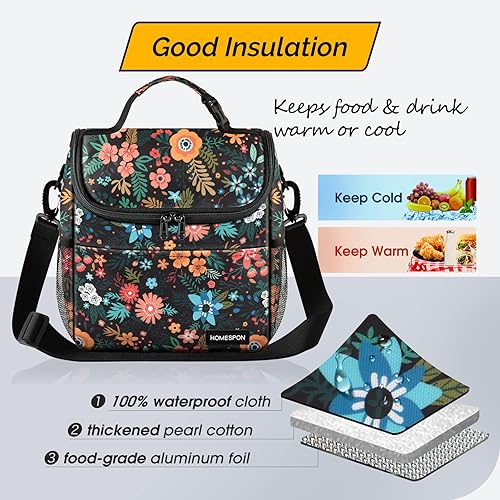 Miniatura 3 de HOMESPON Bolsa de almuerzo para mujer, grande, aislada, reutilizable, con bolsillo frontal y correa de hombro ajustable para el trabajo, picnic o
