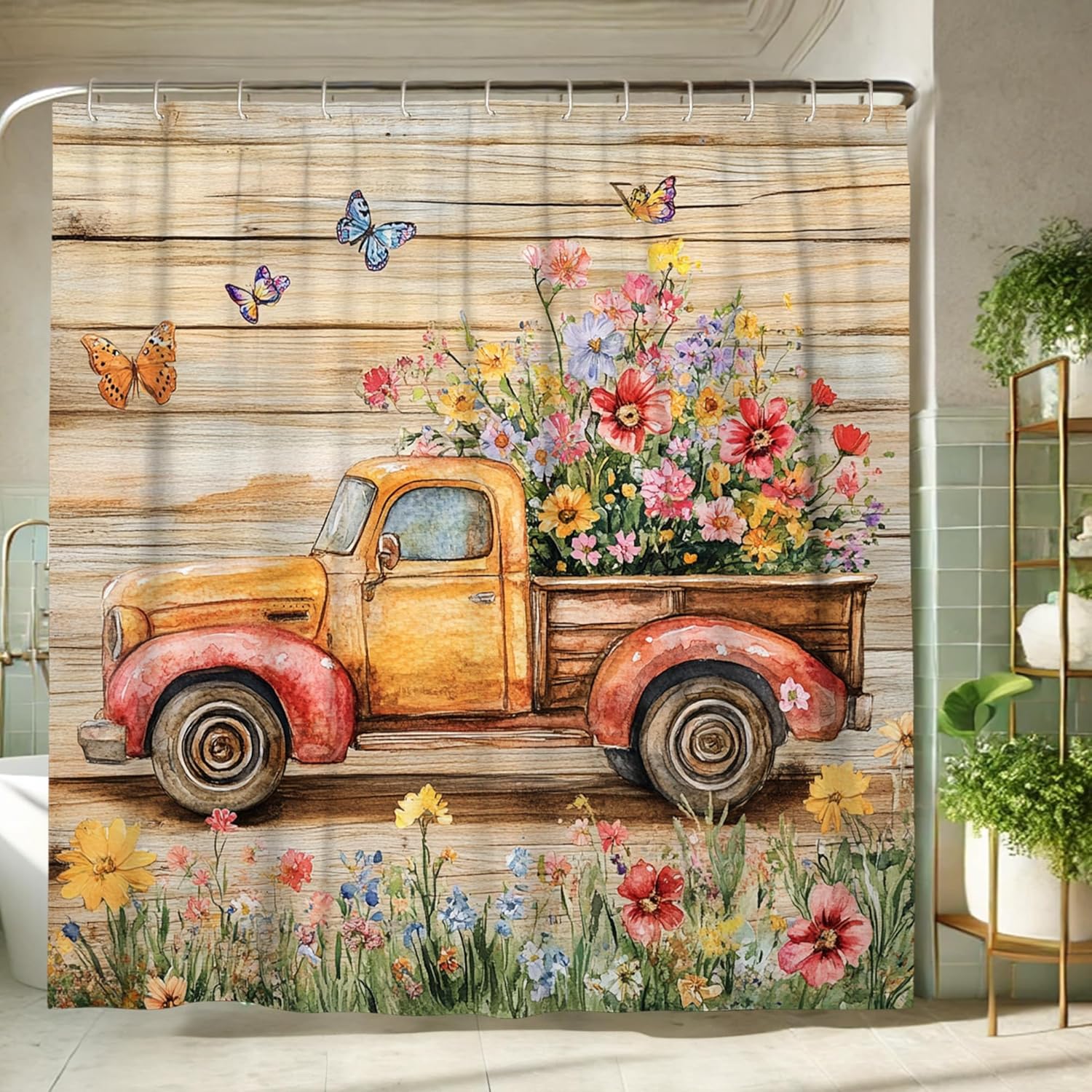 Rustic Vintage Truck Shower Curtain, Watercolor Floral Garden Farmhouse Bath Curtain for Spring Summer Decor, Colorful Waterproof Fabric Shower Curtain Set with Hooks 72x72 Inch