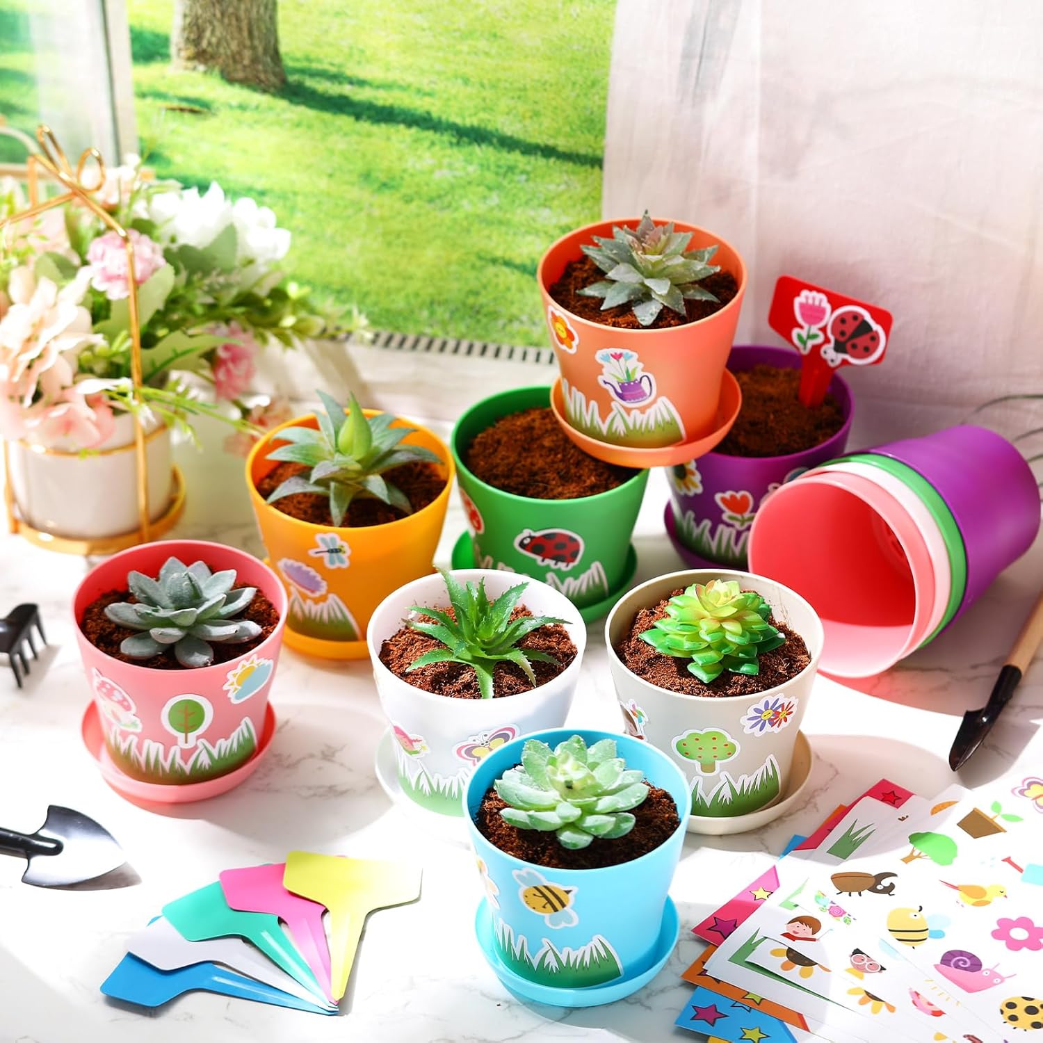 Domensi 12 Pack Garden Pot Craft Kit 4 Inch DIY Spring Crafts for Kids Bulk Plastic Flower Plant Pot Plastic Planter with Tray Drainage Holes with Tag, Certificate of Award, Sticker (Multicolor)