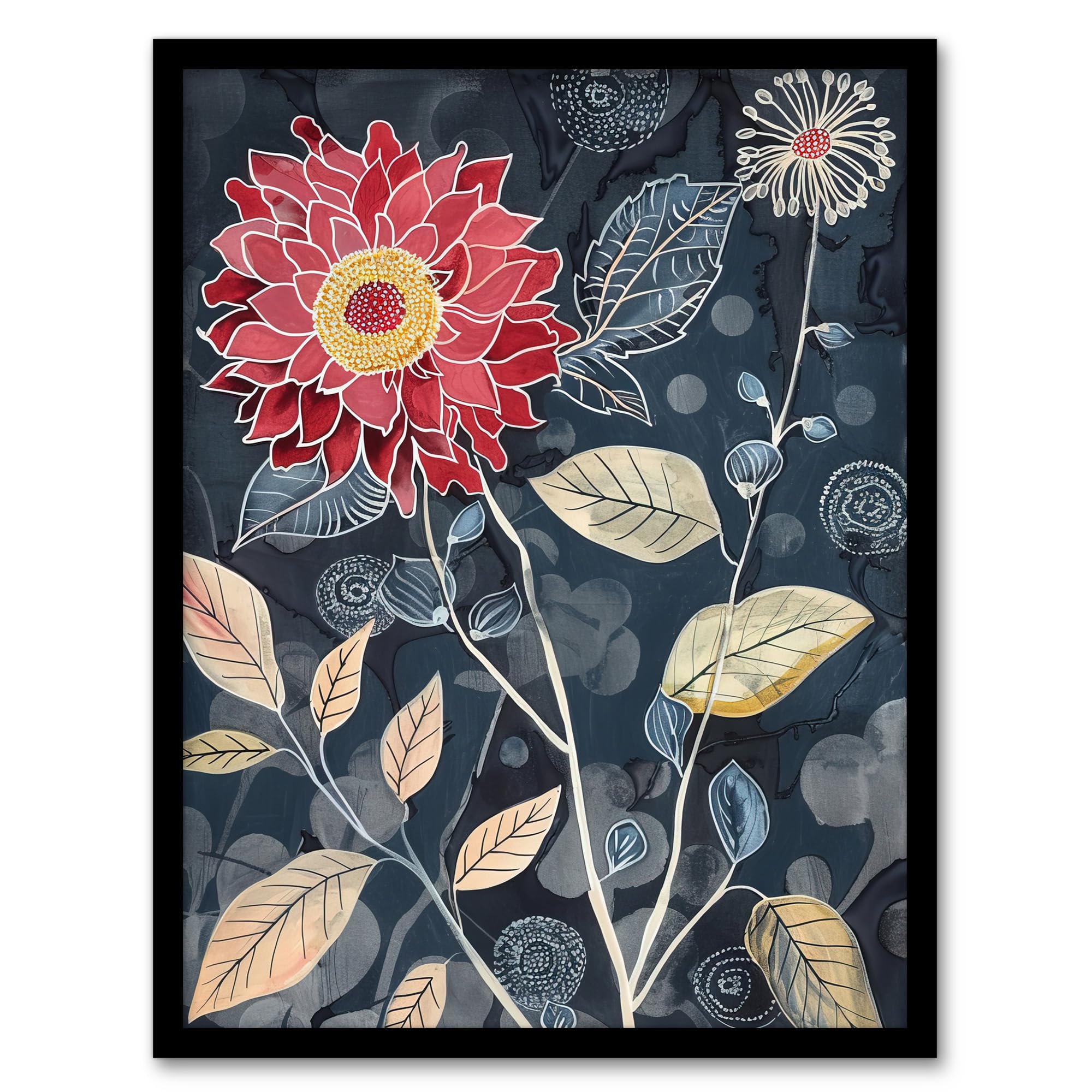 Artery8 Stylised Dahlia Bloom Dark Floral Artwork Living Room Artwork Framed Wall Art Print 18X24 Inch