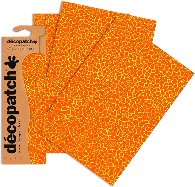 Décopatch - Ref C532O - Orange & Yellow Reptile Skin Paper Paper Pack - Each Sheet 30 x 40cm, Pack of 3 Paper Sheets - Best Used With Décopach Glue & Varnish, Orange & Yellow