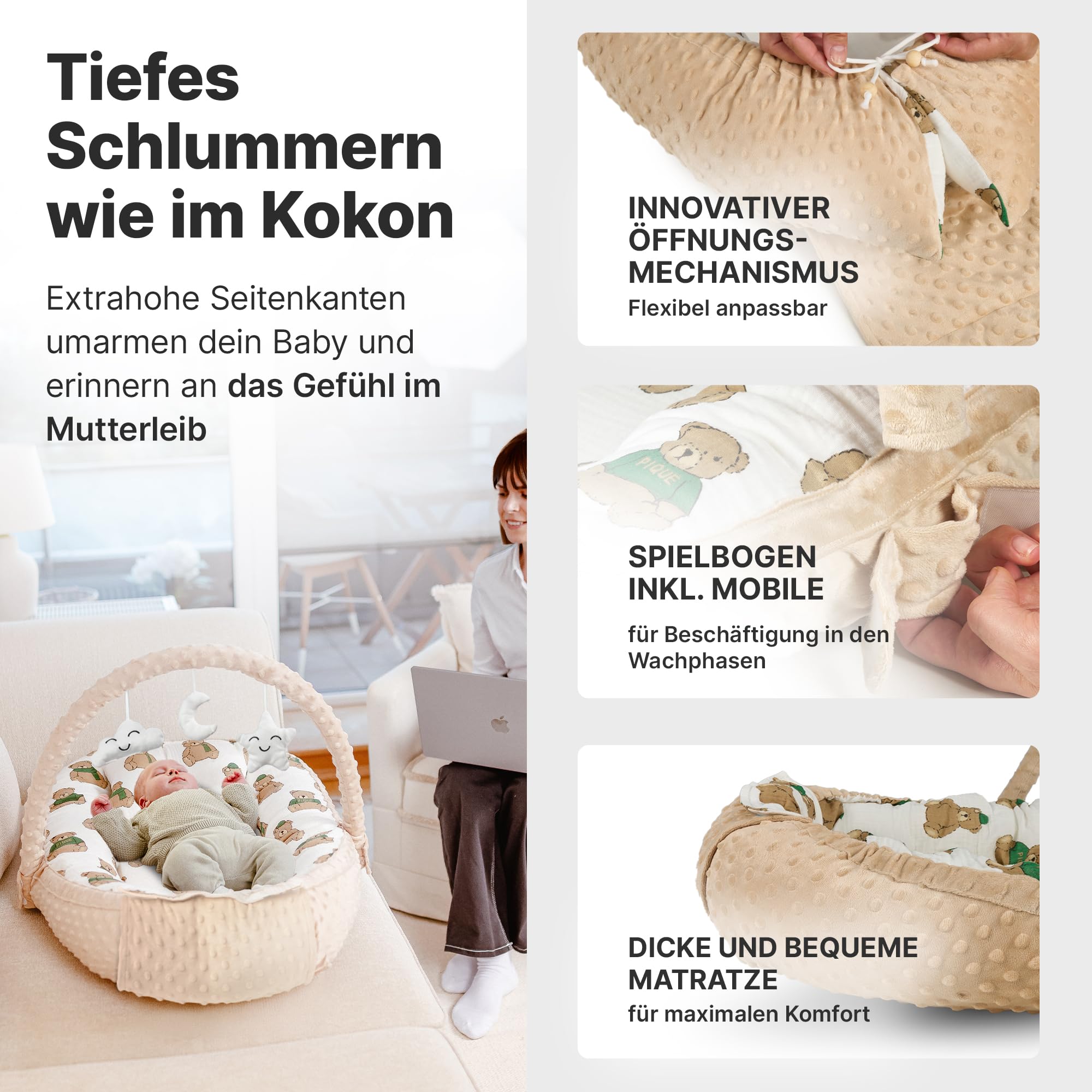 Babynest [inkl. Spielbogen] Baby Nestchen aus OEKOTEX Stoffen, Babynestchen für Neugeborene, Kuschelnest für Mädchen und Jungen | Beige & Bären (Beige mit Bären)