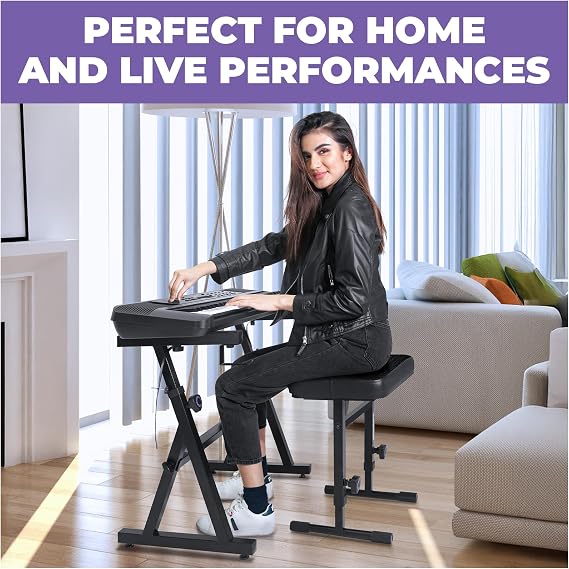 Liquid Stands Keyboard Stand and Bench Set - Portable Heavy Duty Digital Piano Stand for 54-88 Key Electric Pianos & Adjustable Piano Bench, Chair, Seat, Stool - Keyboard Music Accessories (Black)