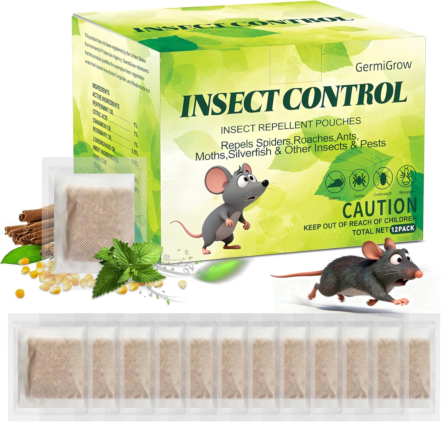 GermiGrow Mouse Repellent Pouches | Peppermint Oil Rodent Repeller | Natural Pest Control for Rats Squirrels Insects, Indoor Outdoor Mouse Deterrent, Pet & Family Safe, 12 Packs (Green)