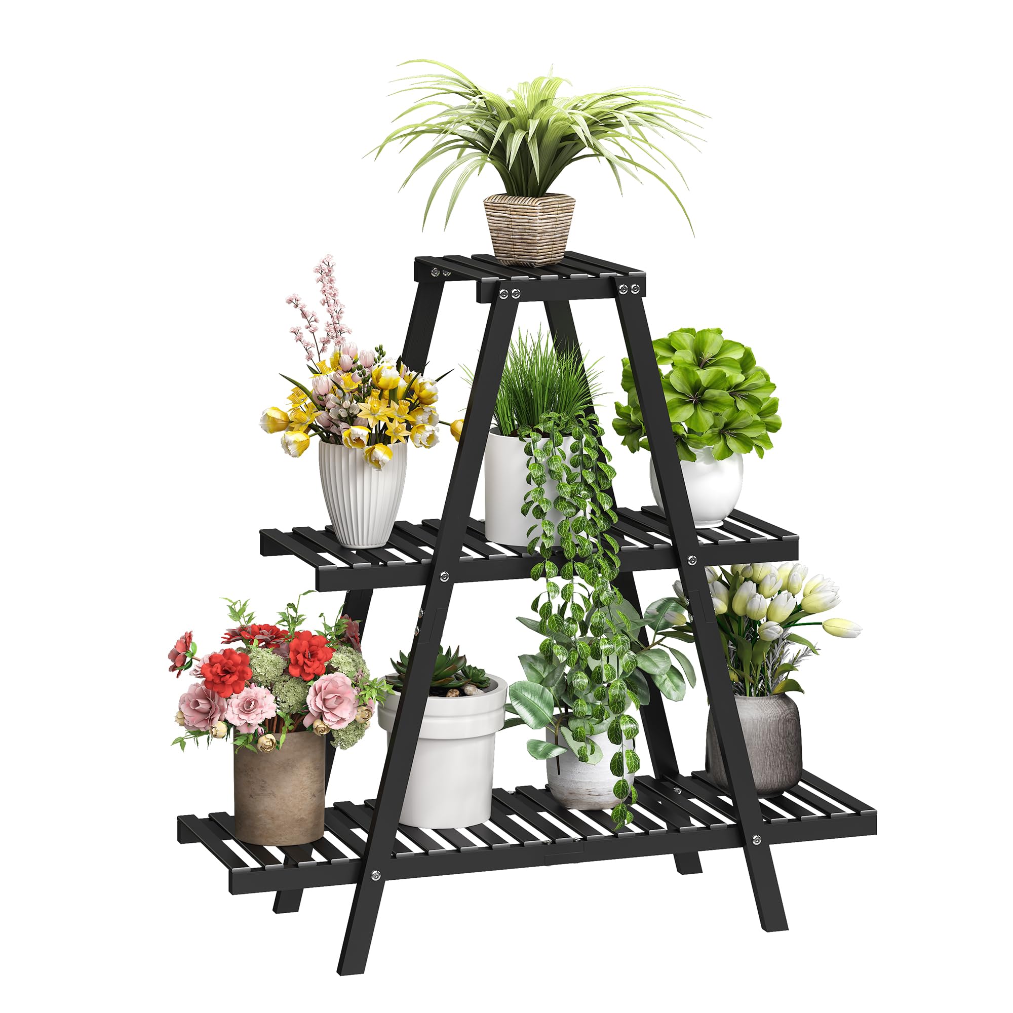 Bamboo Plant Stand For Indoor Outdoor Tiered Plant Shelf 3 Tier 8 Potted Flower Holder Ladder Plant Rack For Multiple Table Plant Pot Stand For Window Garden Balcony Living Room Patio Triangle Plant Stands (3 Tier Black)