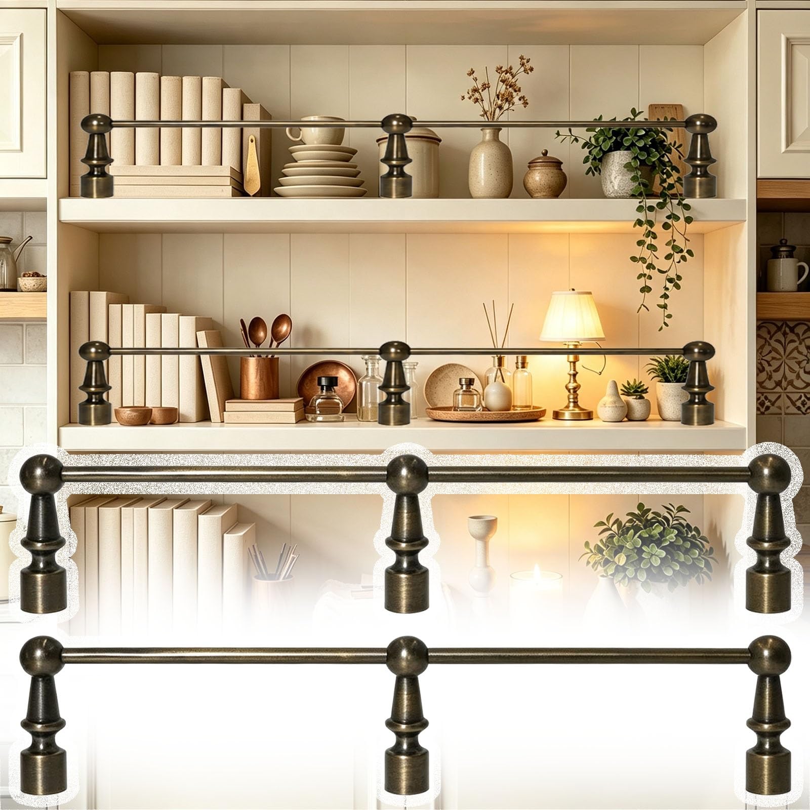 Barra Barandilla En Latón Antiguo Para Estantes Abiertos Cocina | Barra Protectora De Borde 12-38 Pulgadas Para Cristalería, Colecciones Y Estanterías Abiertas(39in/99.1cm)