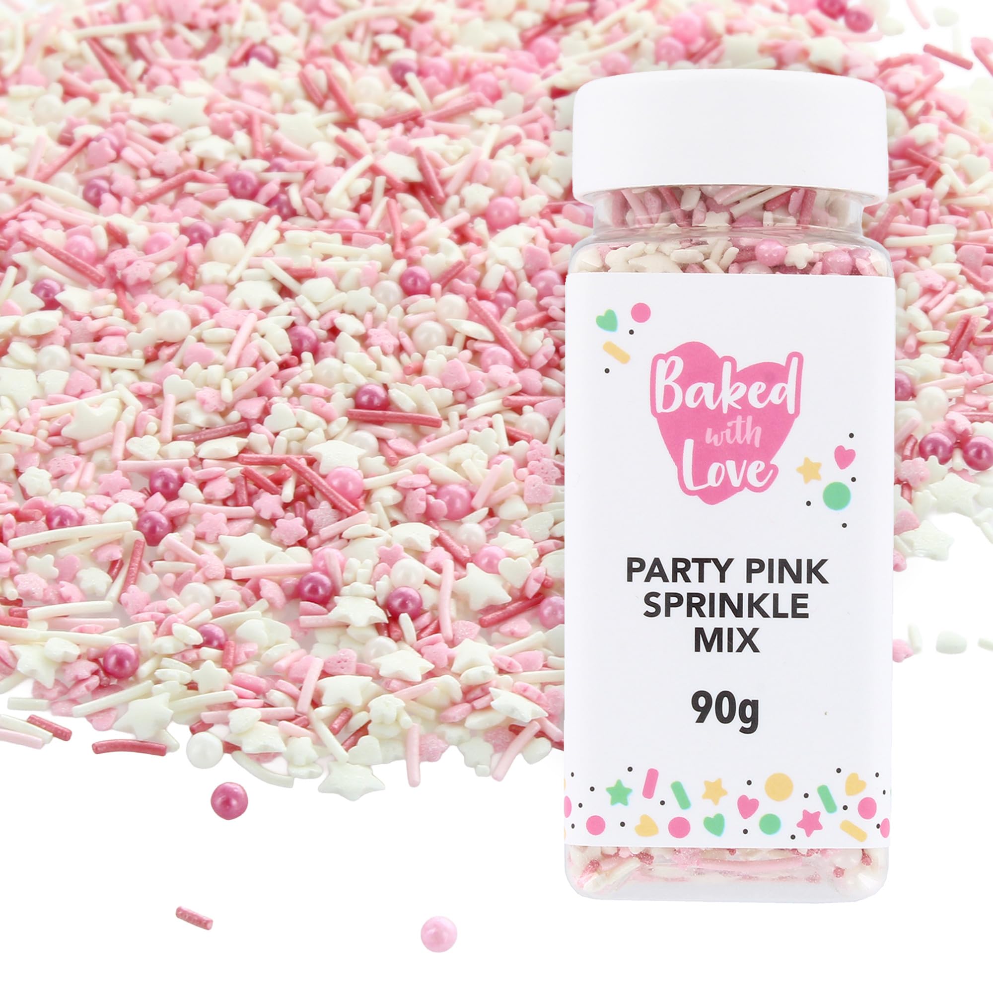 Pink Sprinkles By Baked With Love | 90g | Pink & White Sugar Cake Sprinkles, Edible Cake Decorations, Sugar Hearts, Stars, Strands, And Pearls For Cupcakes