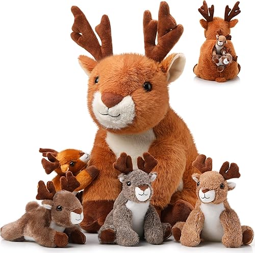 Miniatura 7 de Poen Juego de animales de peluche de 16 pulgadas con 4 lindos peluches de ciervos pequeños en su barriga con cremallera para niños, cumpleaños, día