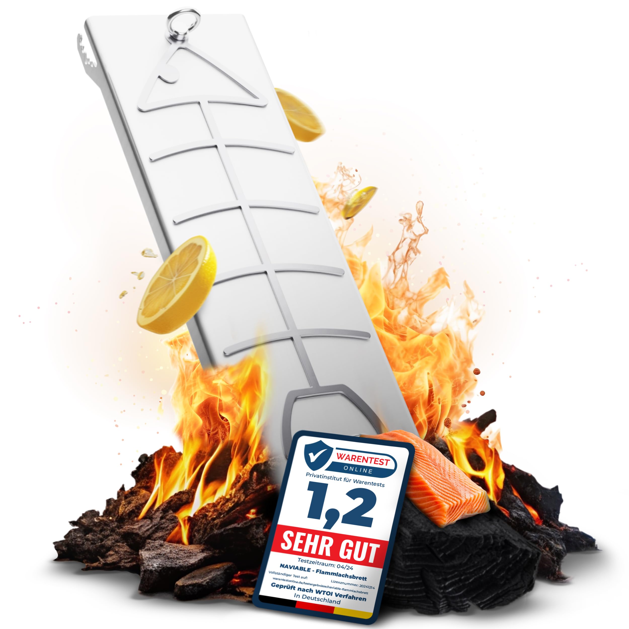 Edelstahl Flammlachshalter für Feuerschalen & Kugelgrills – Testsieger - 5-stufig verstellbares Grillbrett für perfektes Flammlachs und Fisch - Grillen bei Camping & Grillpartys